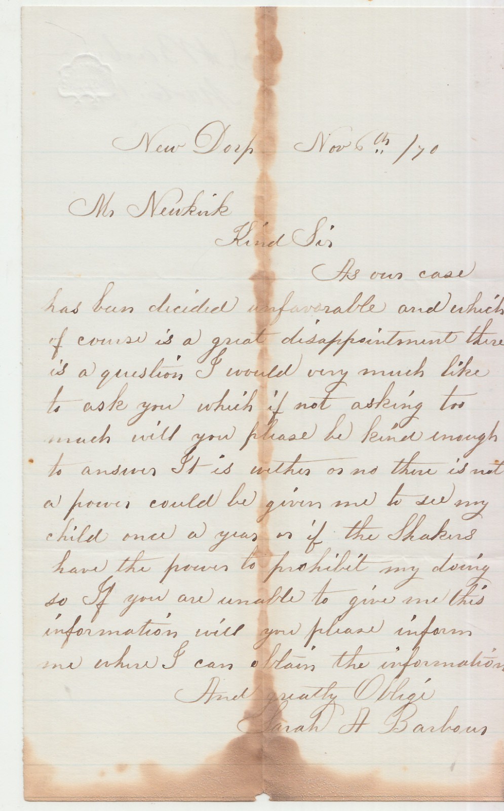 1870 Handwritten Embossed New Dorp NY Child Custody Dispute Legal Letter