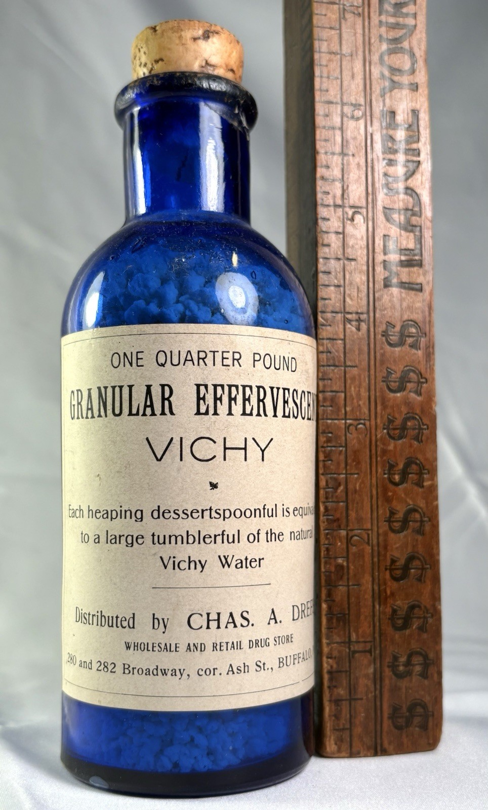VTG COBALT PAPER LABEL 1890S MEDICINE BOTTLE VICHY CHAS A DREFS BUFFALO NEW YORK
