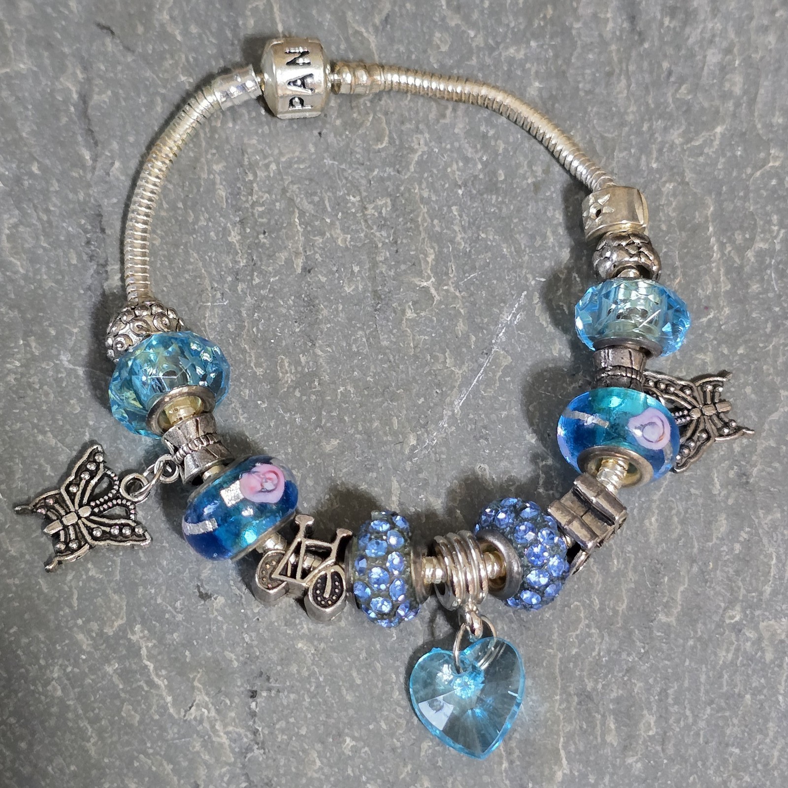 Vintage Pandora Sterling Silver Charm Bracelet Lampwork Beads Butterflies Bikes