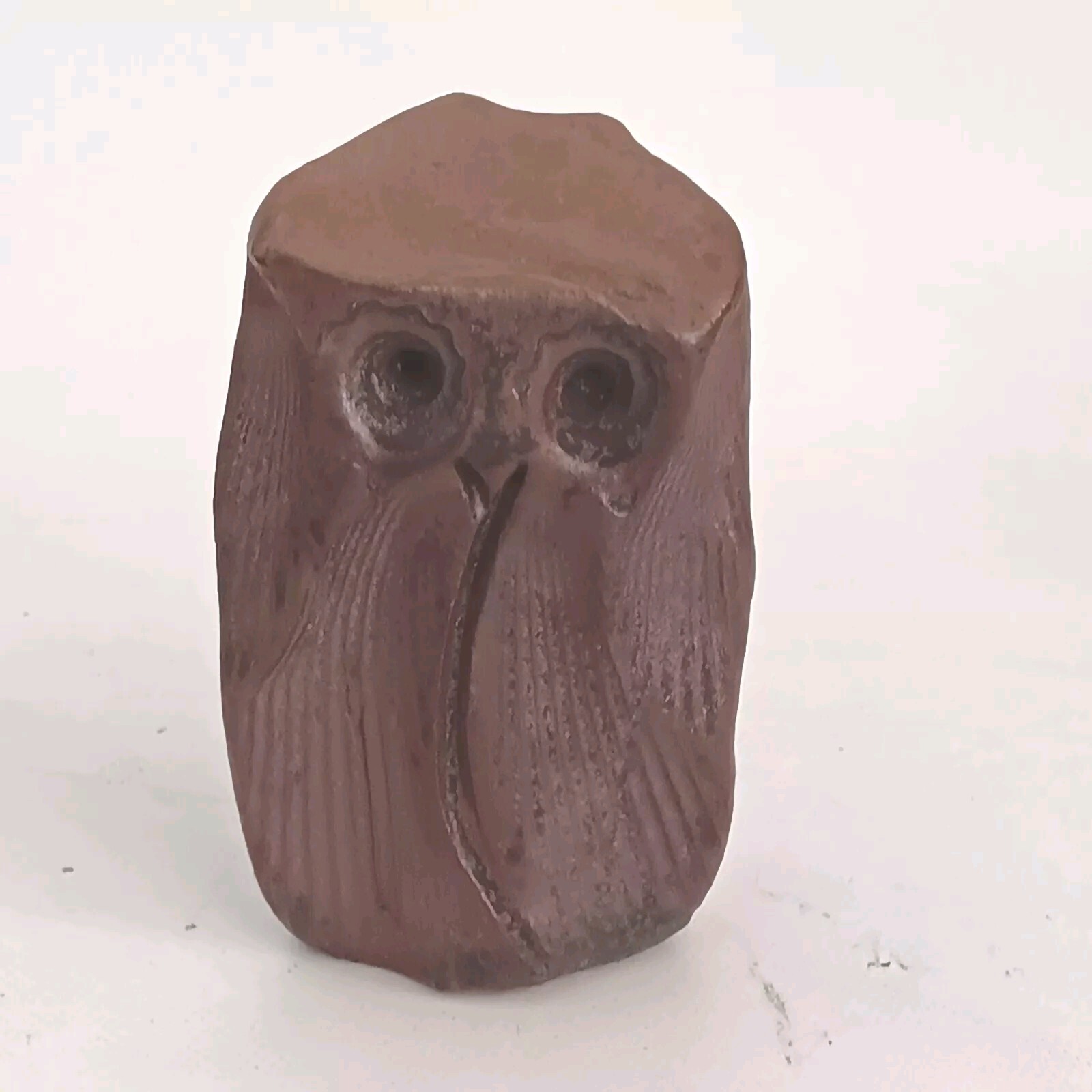 Vintage MCM Brutalist Studio Pottery Owl Figurine Signed Brown Clay 3.5