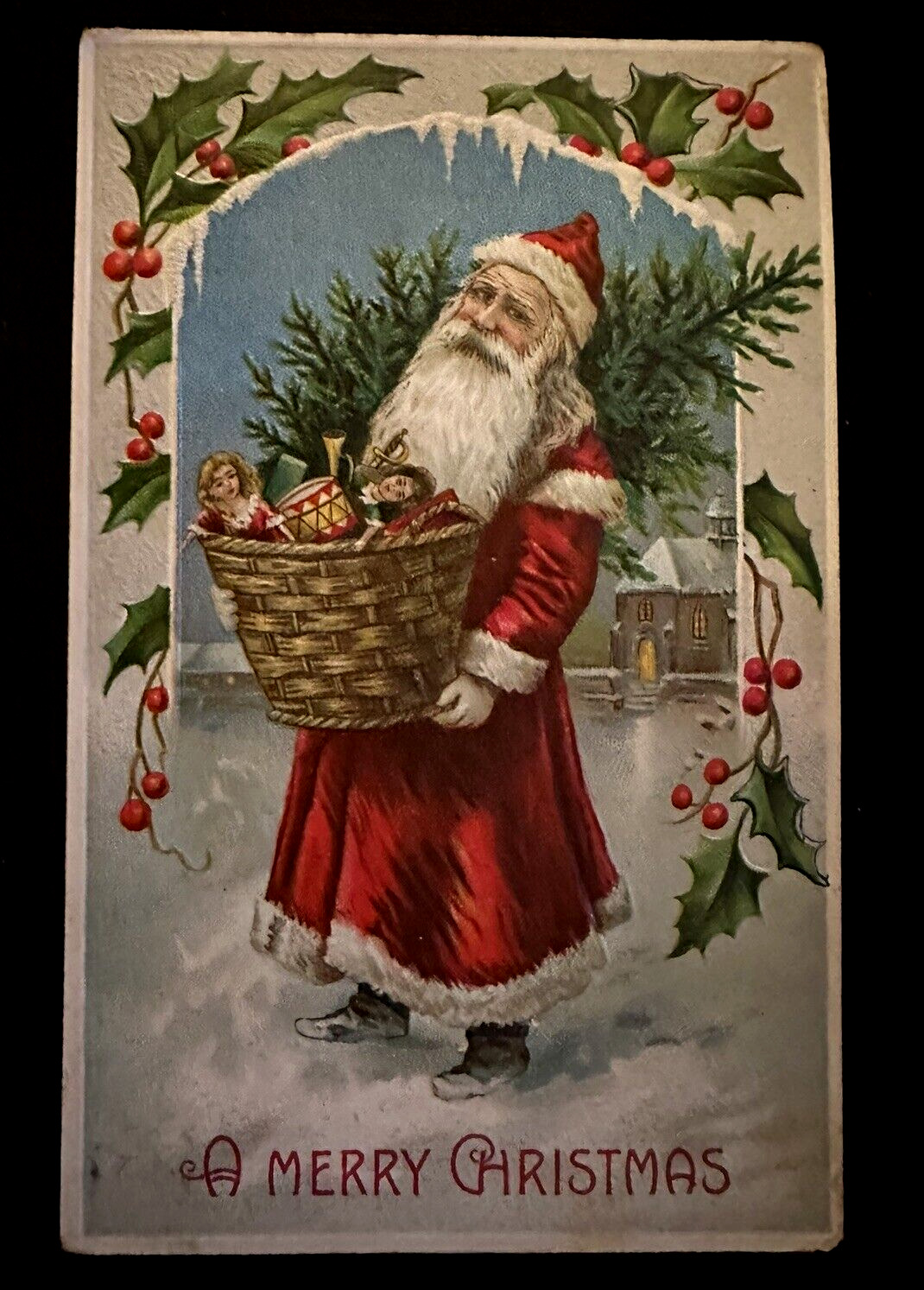 Red  Robe Santa Claus with Basket of Toys~Tree~Antique~Christmas Postcard~k682