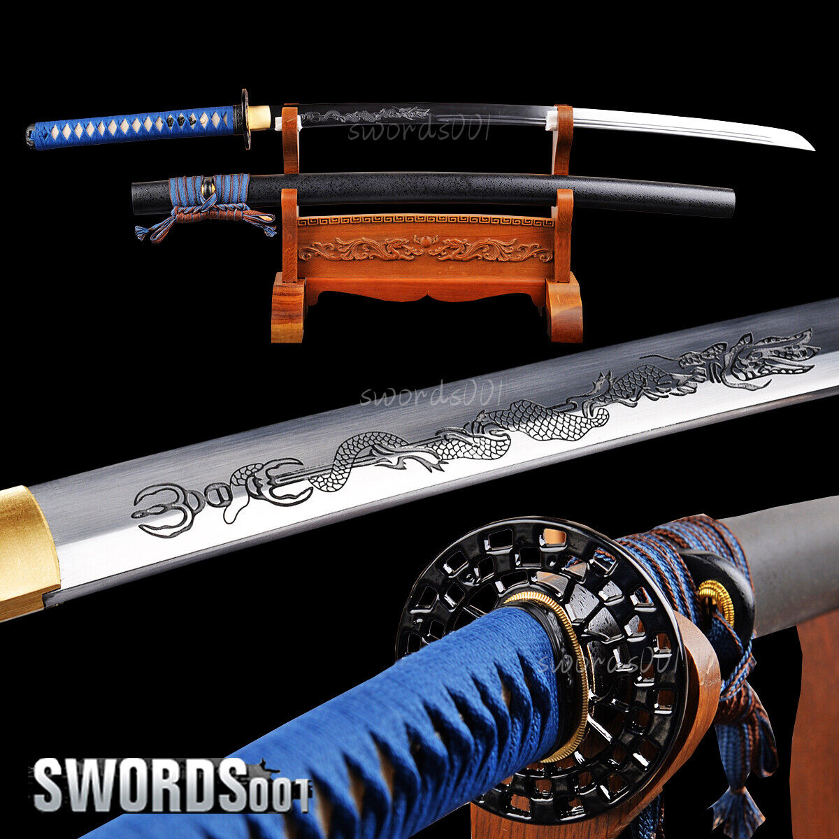 elegant blue T10 steel Japanese samurai katana warrior practical sword full tang