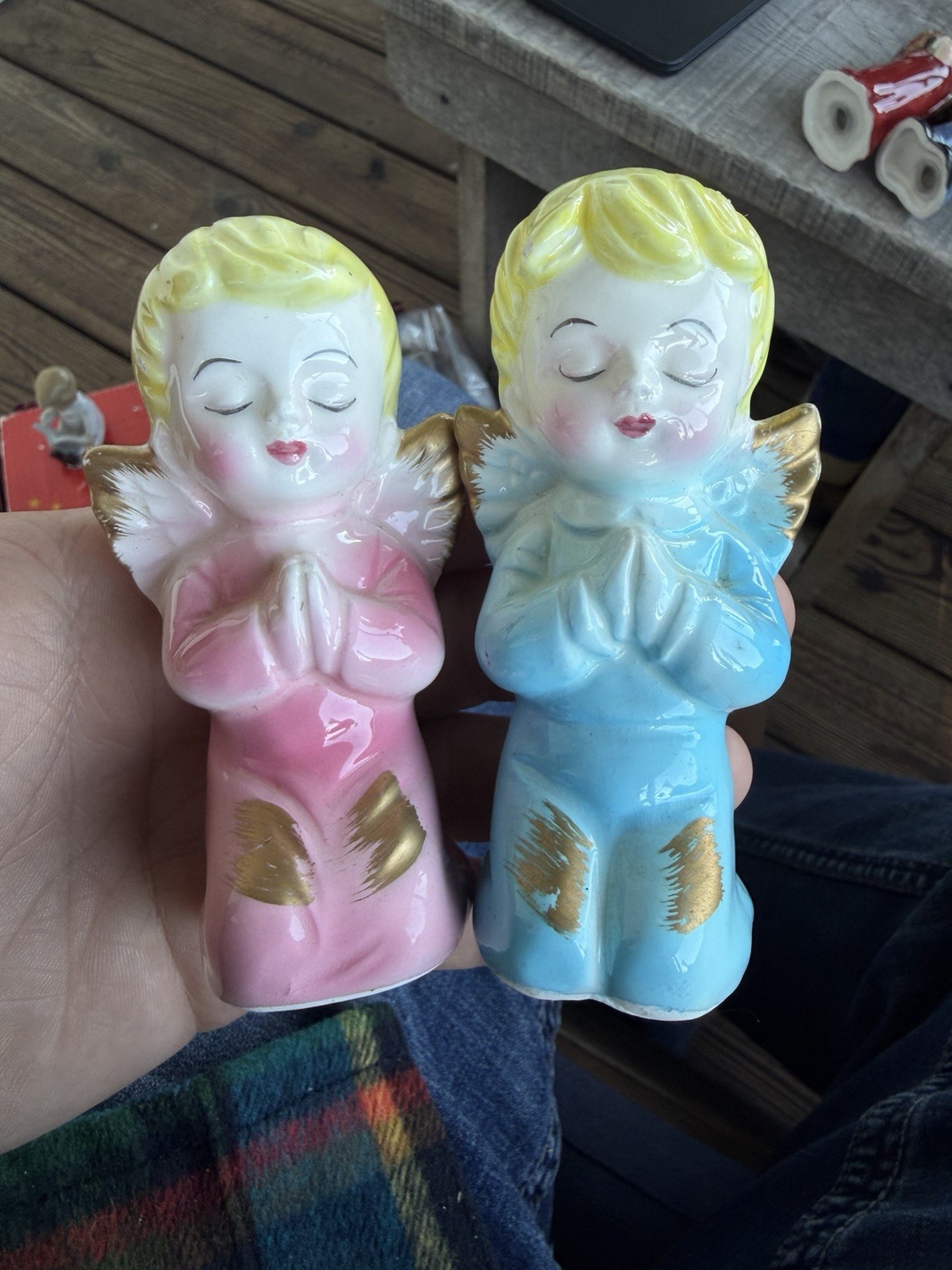 Vintage Japan Praying Angel Salt Pepper Shakers Pink Blue Gold Christmas MCM