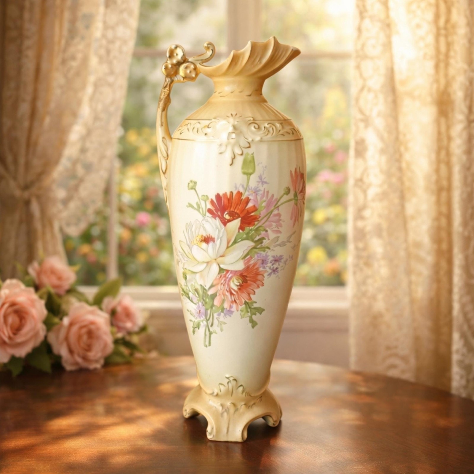 Porcelain Vase Royal Austria RH Hand Painted Antique Floral Ewer 14\
