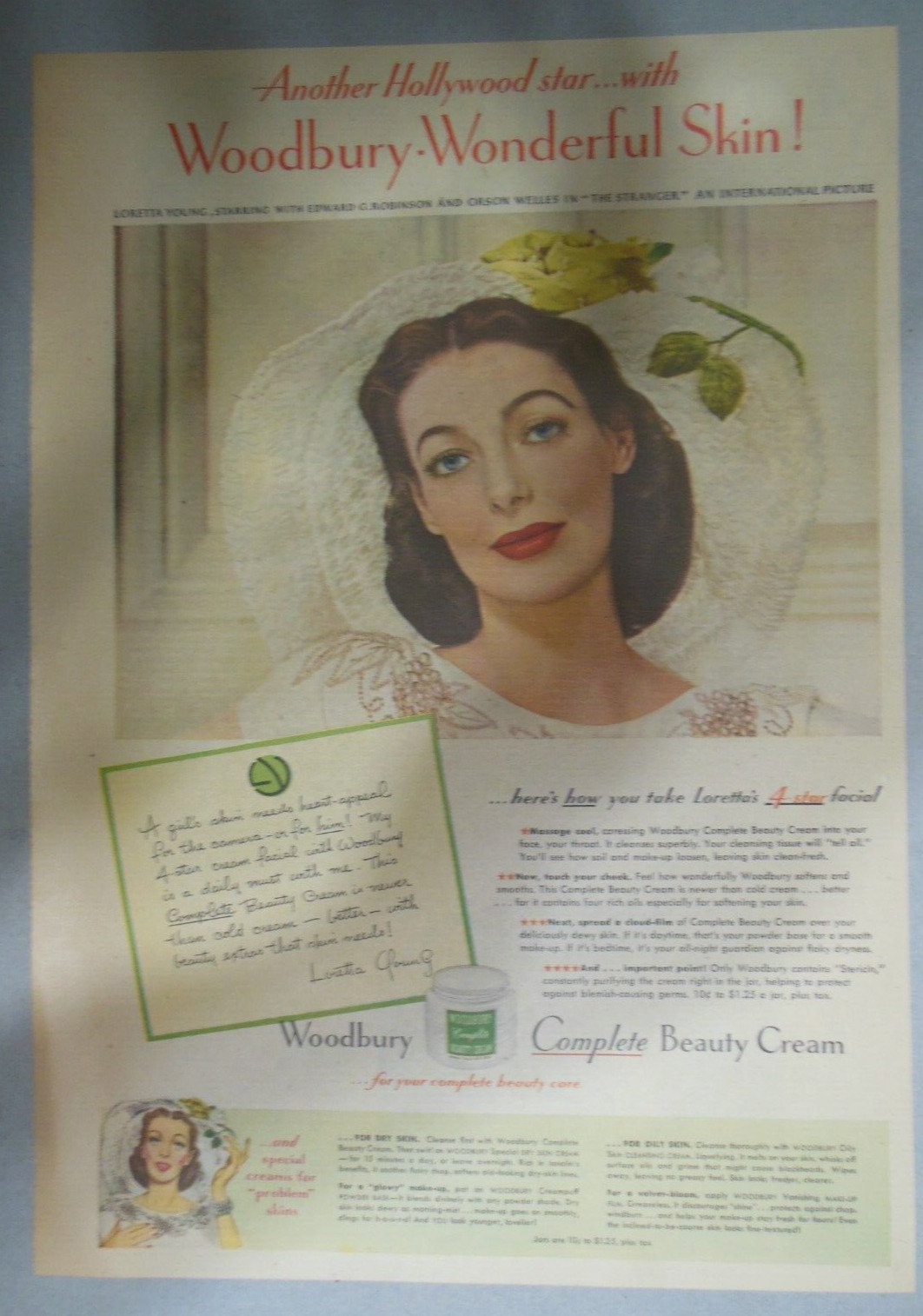 Woodbury Cream Ad: Featuring Loretta Young from 1940's Size: 11  x 15 inches