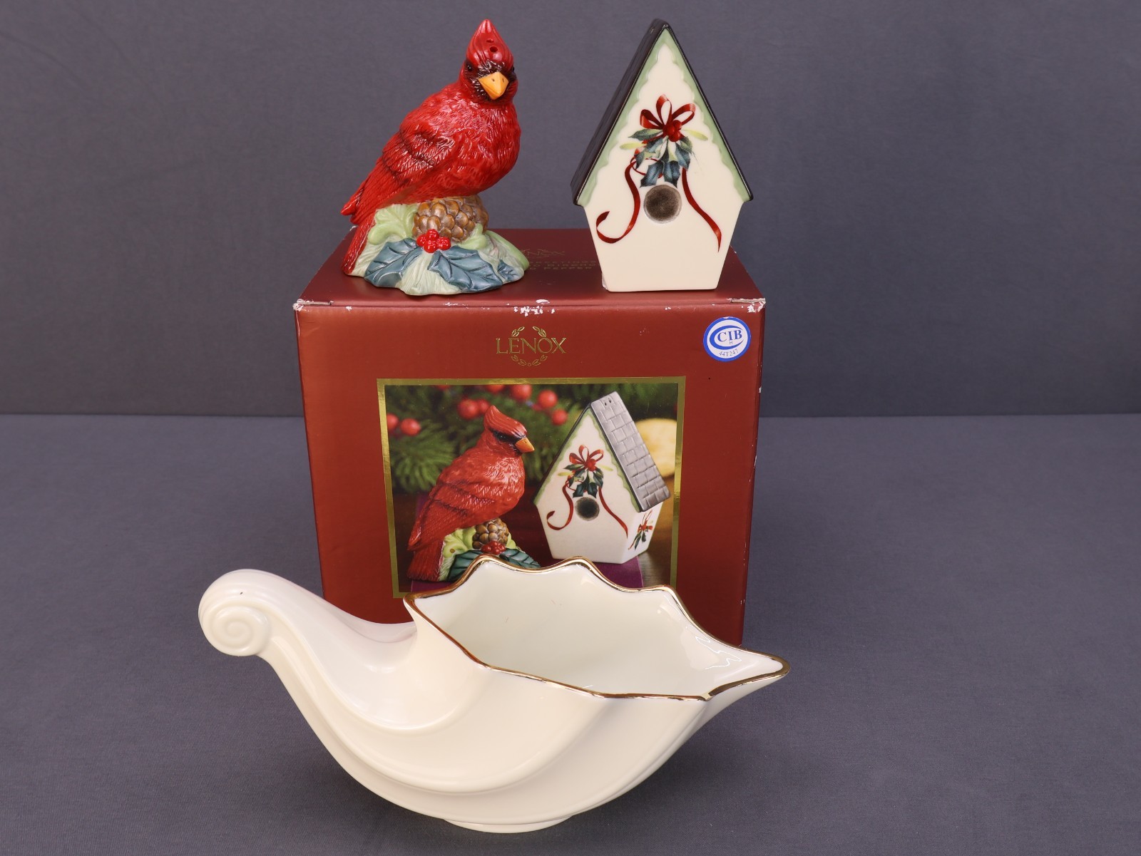 Lenox Salt and Pepper Shakers Cardinal & Birdhouse Cornucopia Porcelain Dish