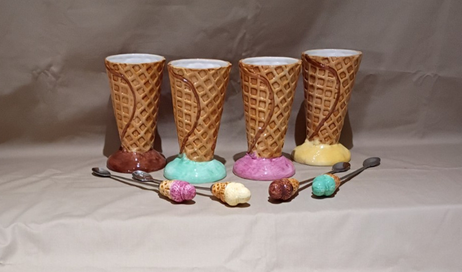 Set of 4 Ceramic Ice Cream Glasses with matching spoons