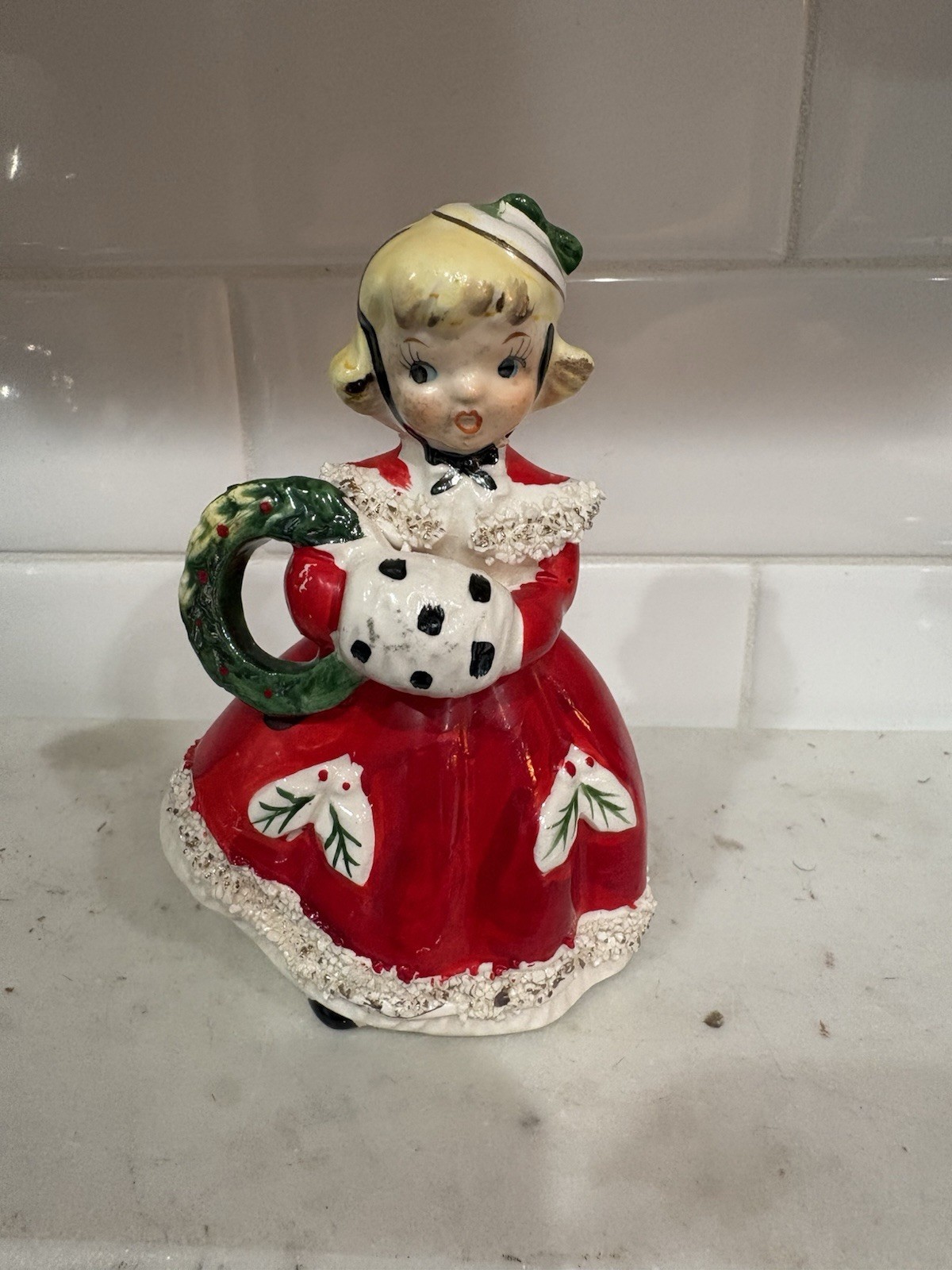 Vintage Relco Shopping Girl Red With Wreath Figurine