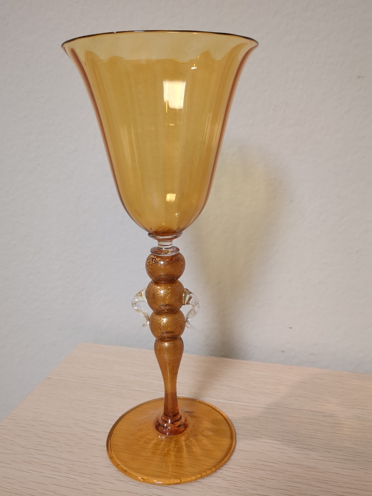 Very Rare Mid-Century Murano Cenedese Amber 24k Gold Fleck Stemware Glass Italy