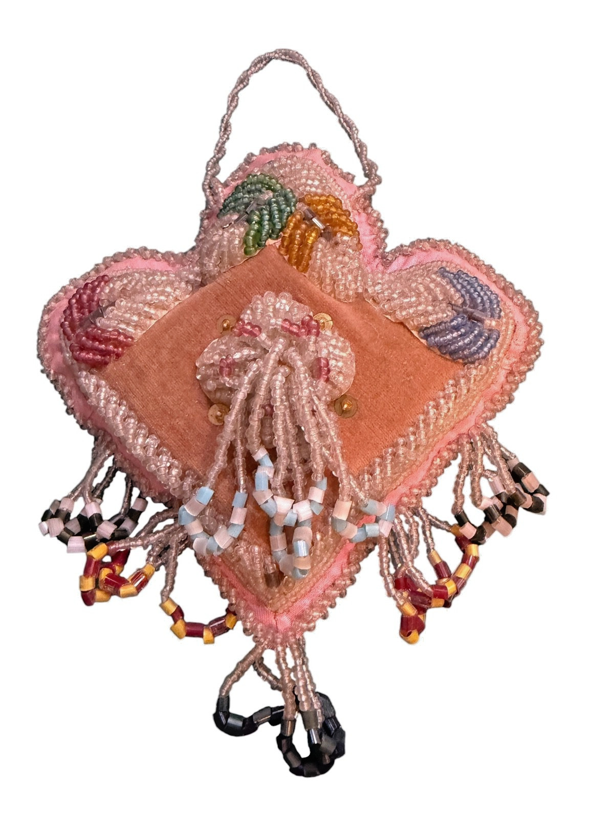 VICTORIAN NATIVE AMERICAN IROQUOIS WHIMSEY WALL PINCUSHION HEART 9” RAISED BEADS