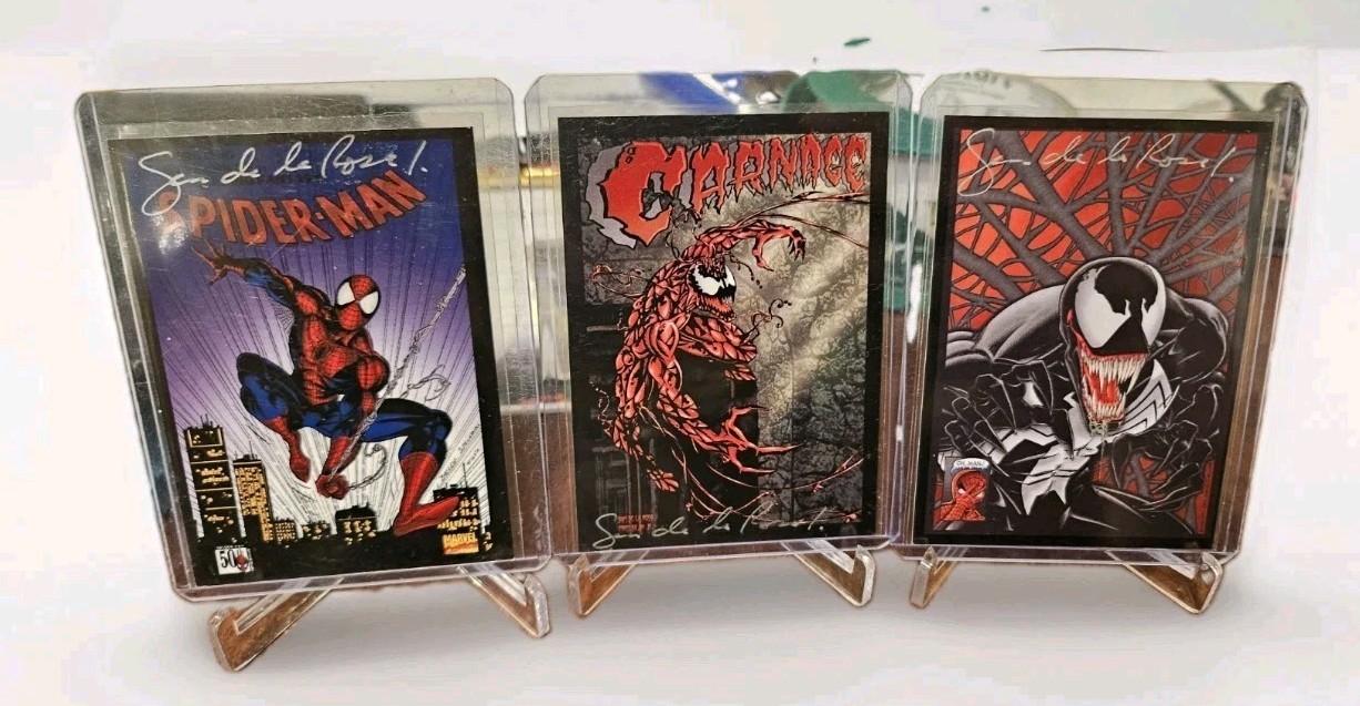 Spider-Man, Venom, and Carnage signed promo cards by Sam De La Rosa Lot