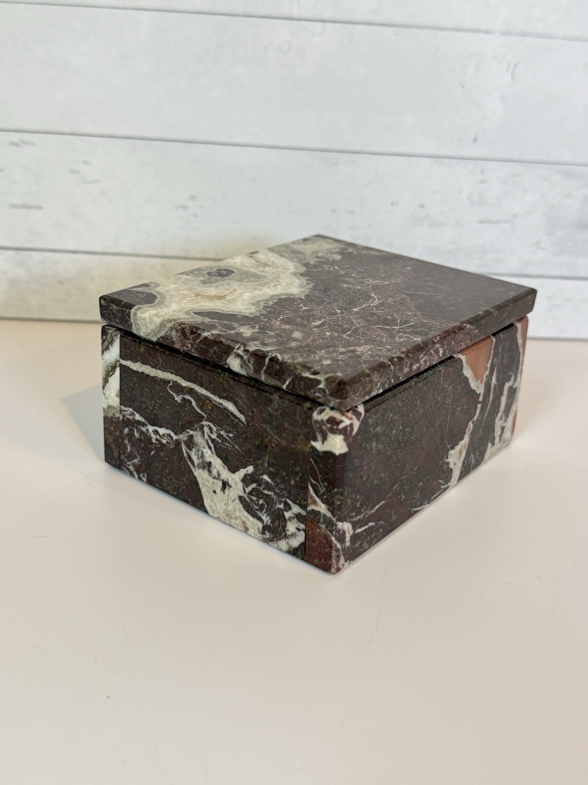 Natural Marble Stone Lidded Trinket Jewelry Box Burgundy Cream Veined