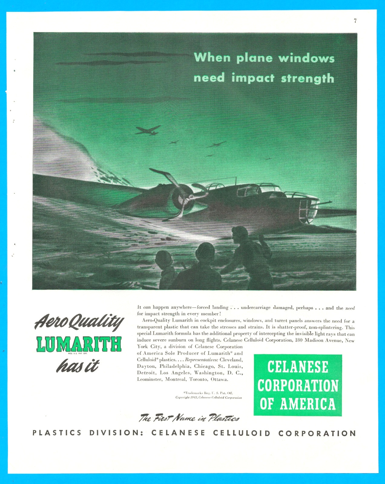 Celanese airplane cockpit windows bombers aircraft aviation print ad 1943 WWII