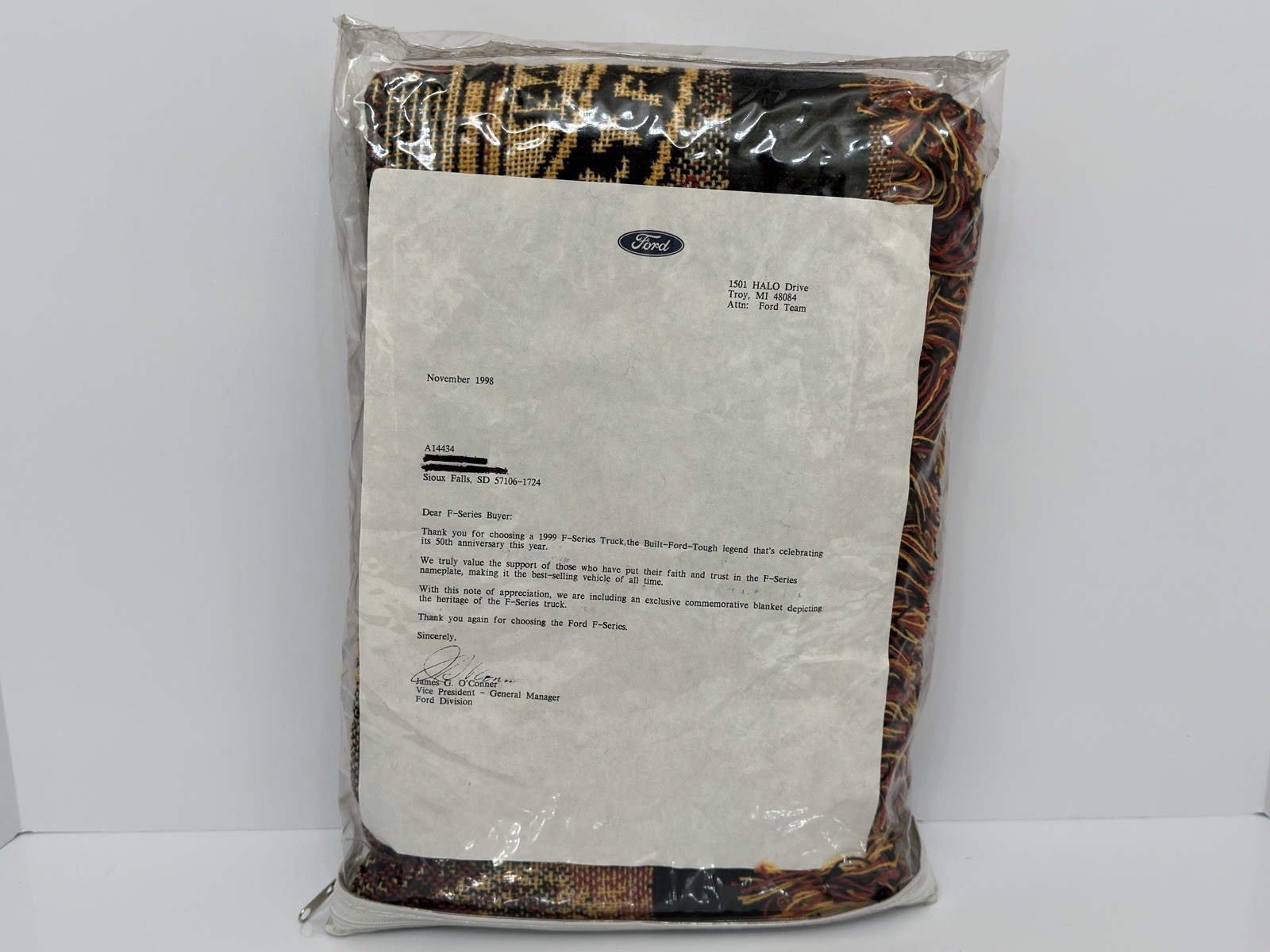 1998 Ford Truck F-Series 50th Anniversary Blanket Woven Fringe Sealed CIB Letter