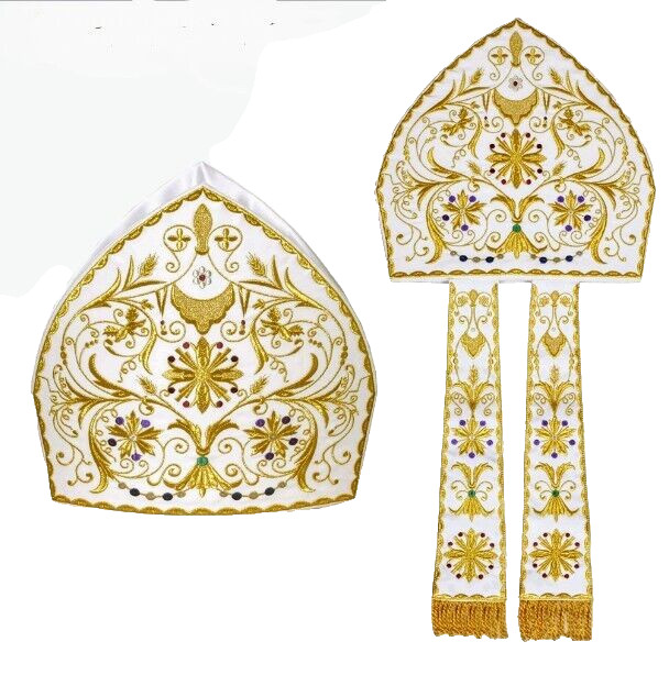 White Bishop\'s Mitre with Gold Embroidery 12\ White Bishop\'s Mitre with Gold Embroidery 12\