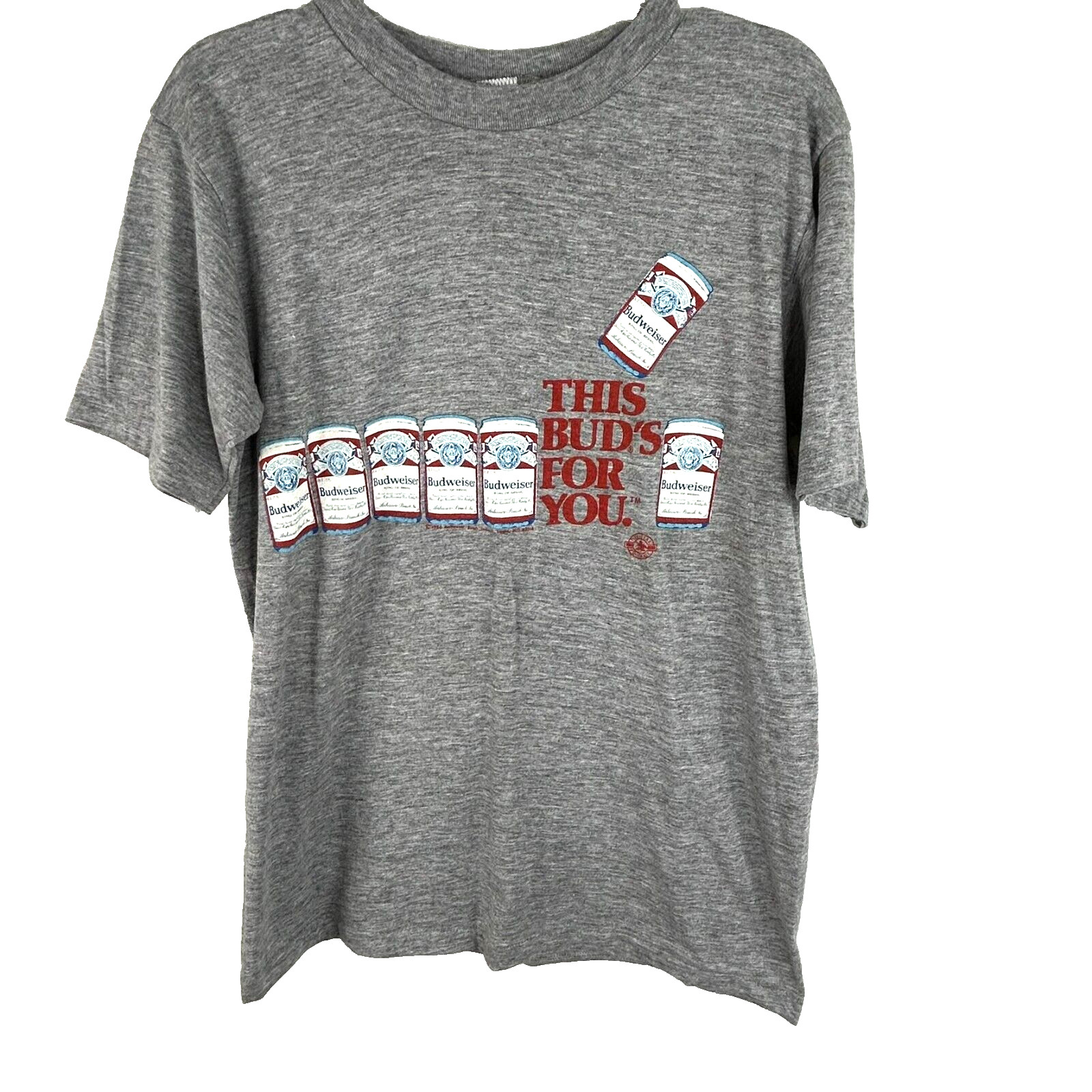 Vtg 80s Anheuser Busch Budweiser This Bud's For You Short Sleeve Grey T-Shirt L Vtg 80s Anheuser Busch Budweiser This Bud's For You Short Sleeve Grey T-Shirt L