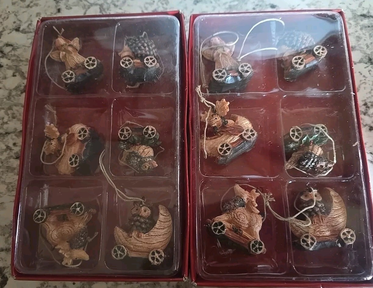 2 Holiday Home Christmas Ornament Set Woodland Animals Angel Owl Hedgehog Moose 
