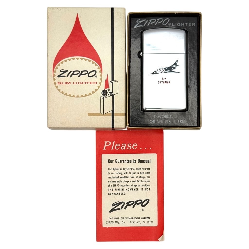 1968 Zippo Slim A-4 Skyhawk Aircraft Chrome Lighter Original Box Instructions