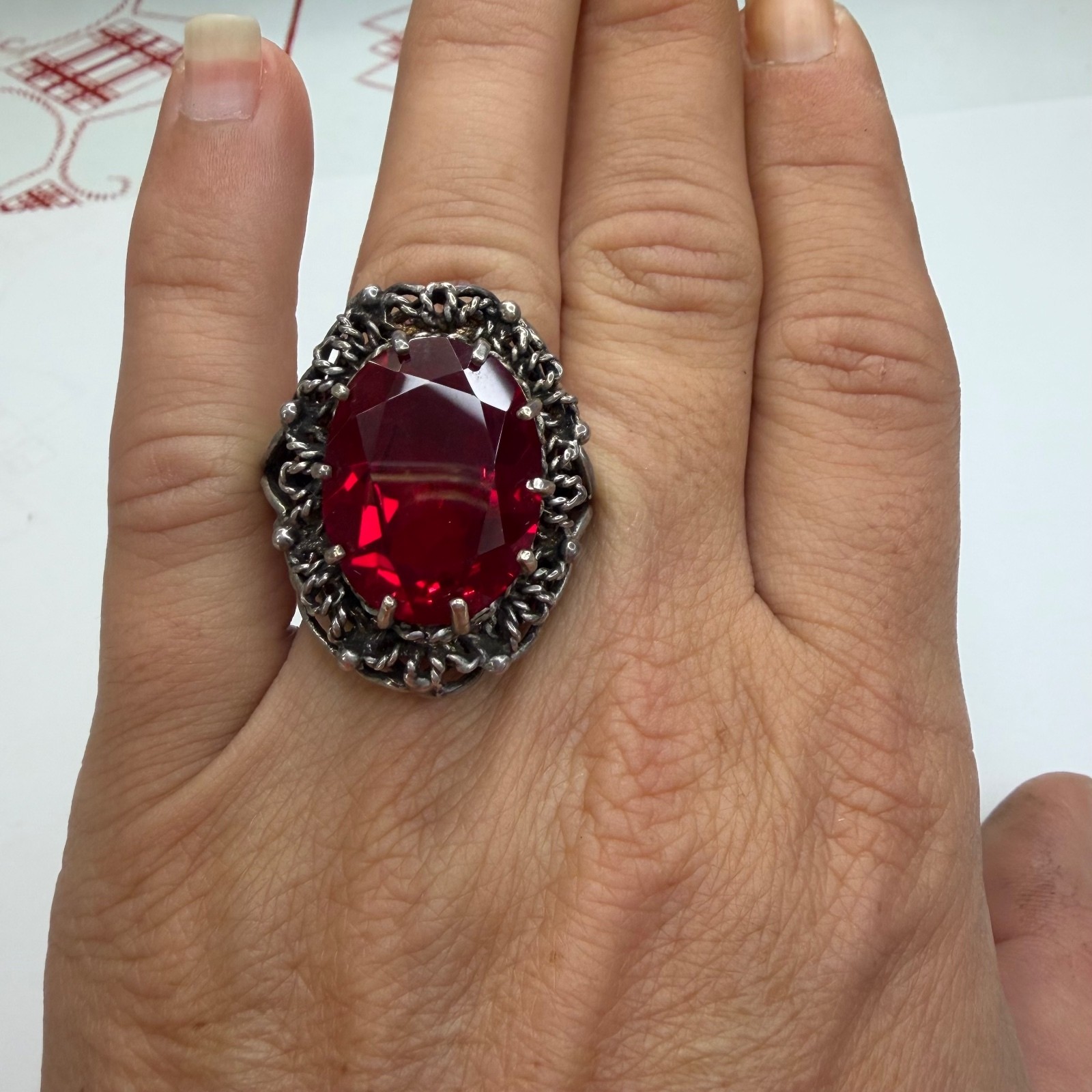 Ruby & sterling silver filigree vintage ring size 6.5
