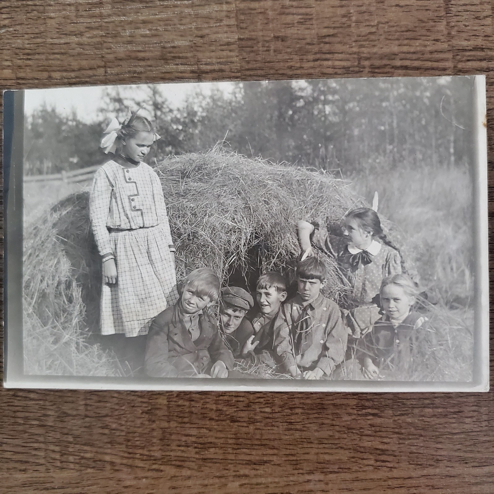 Antique RPPC Postcard 1909 Children Playing Haystack Rural Farm Life Fashion