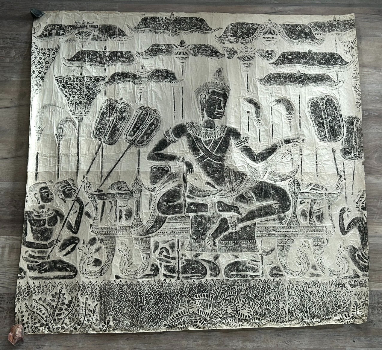 Vintage Large 43x44 Cambodian Temple Rubbing - Angkor Wat King Suryavarman II