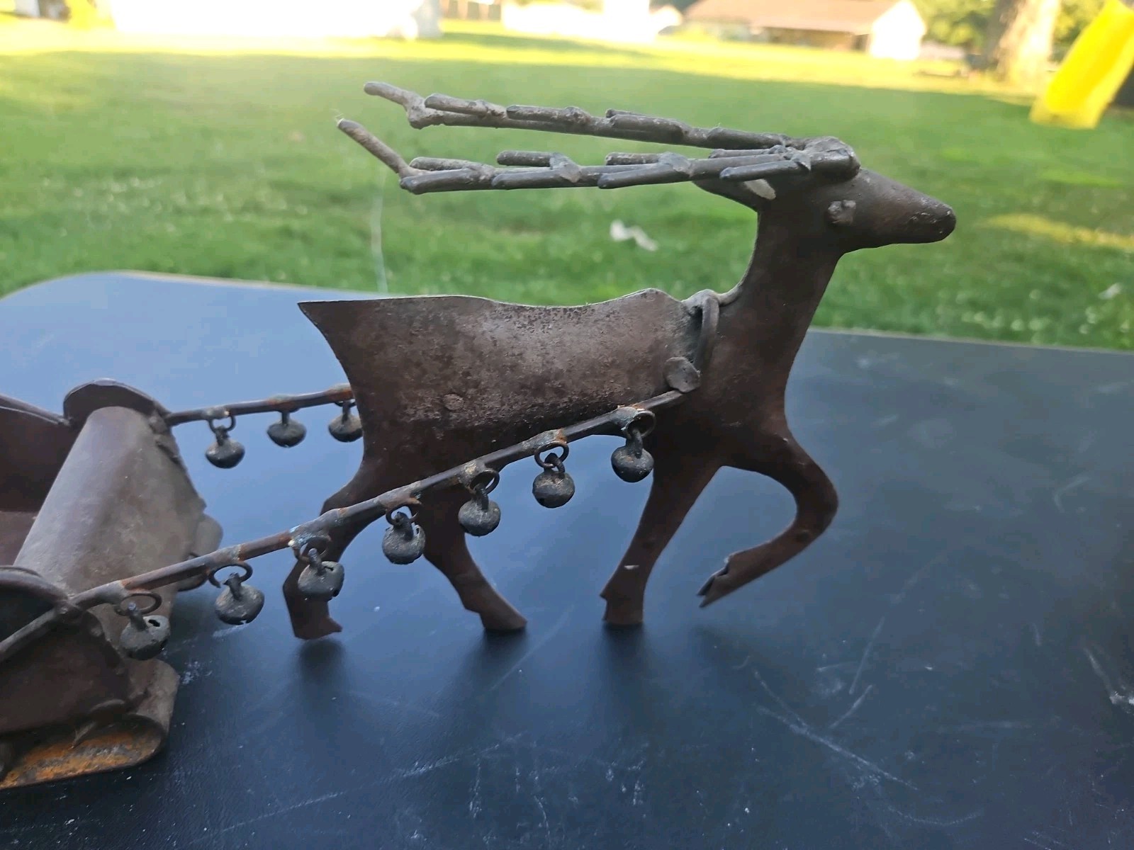 Vintage Metal Reindeer Pulling Sleigh Christmas