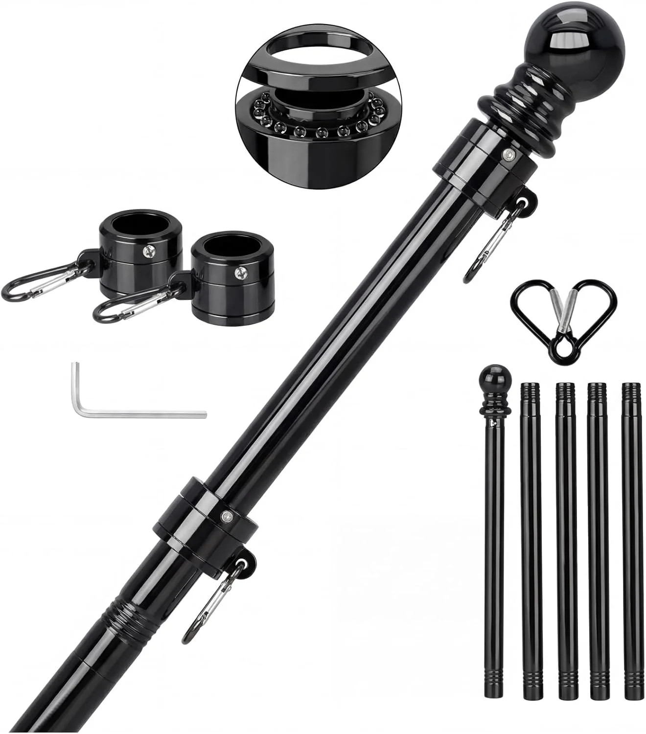 Black House Flag Pole Kit, Heavy Duty Stainless Steel 6 FT Tangle Free Flagpoles