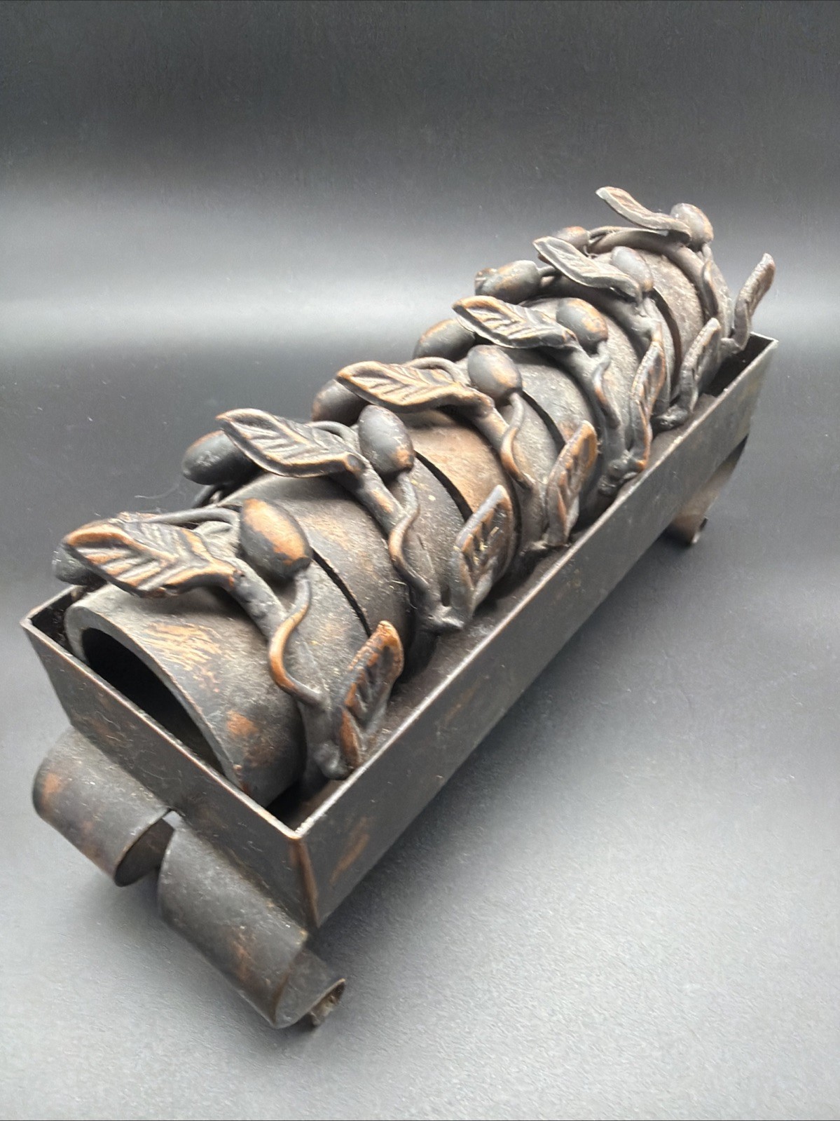 Vintage Metal Acorn Leaf Napkin Rings Set of 6 w/ Holder Thanksgiving Fall