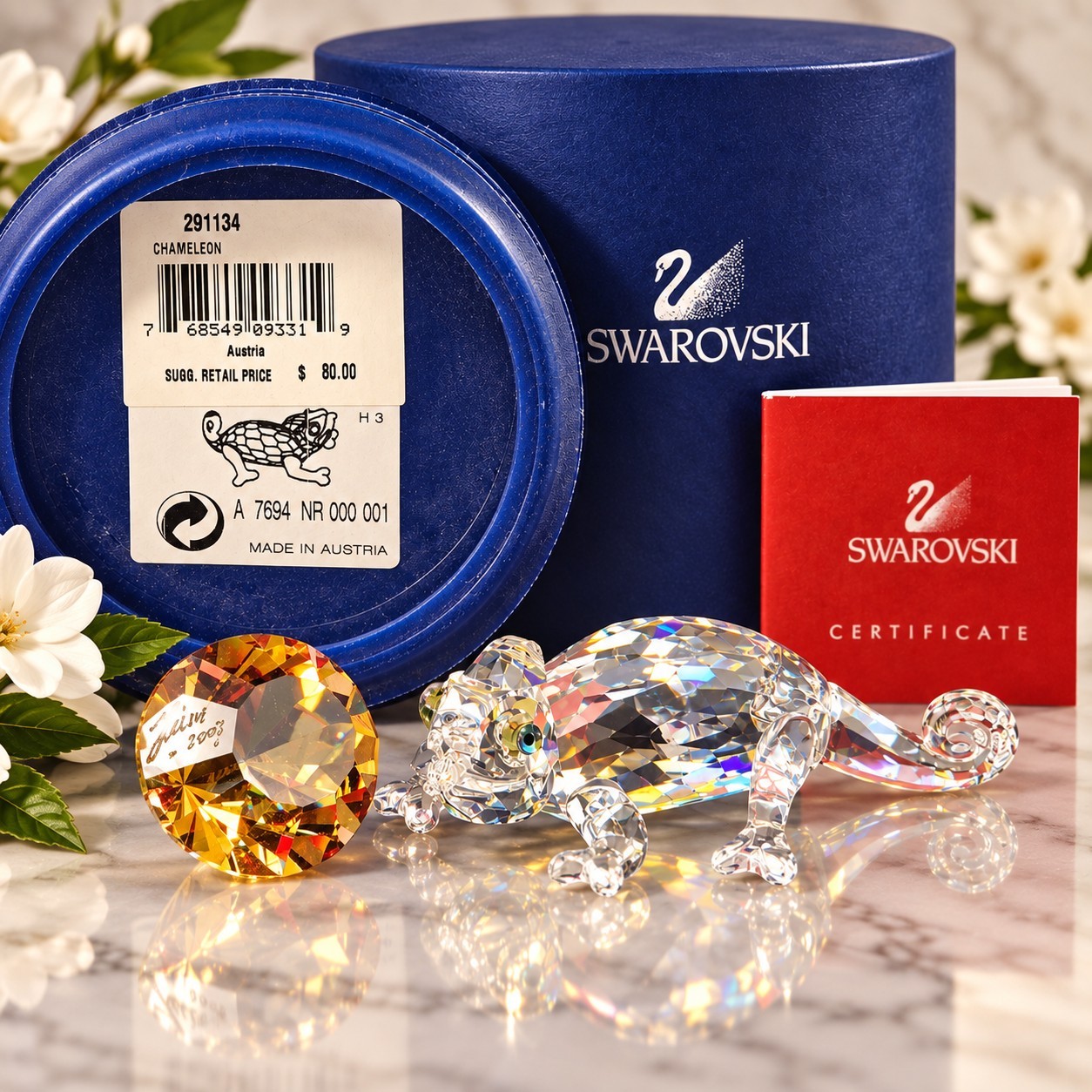 Swarovski Chameleon Signed With Signed Chaton, #291134, Retired, COA, New In Box