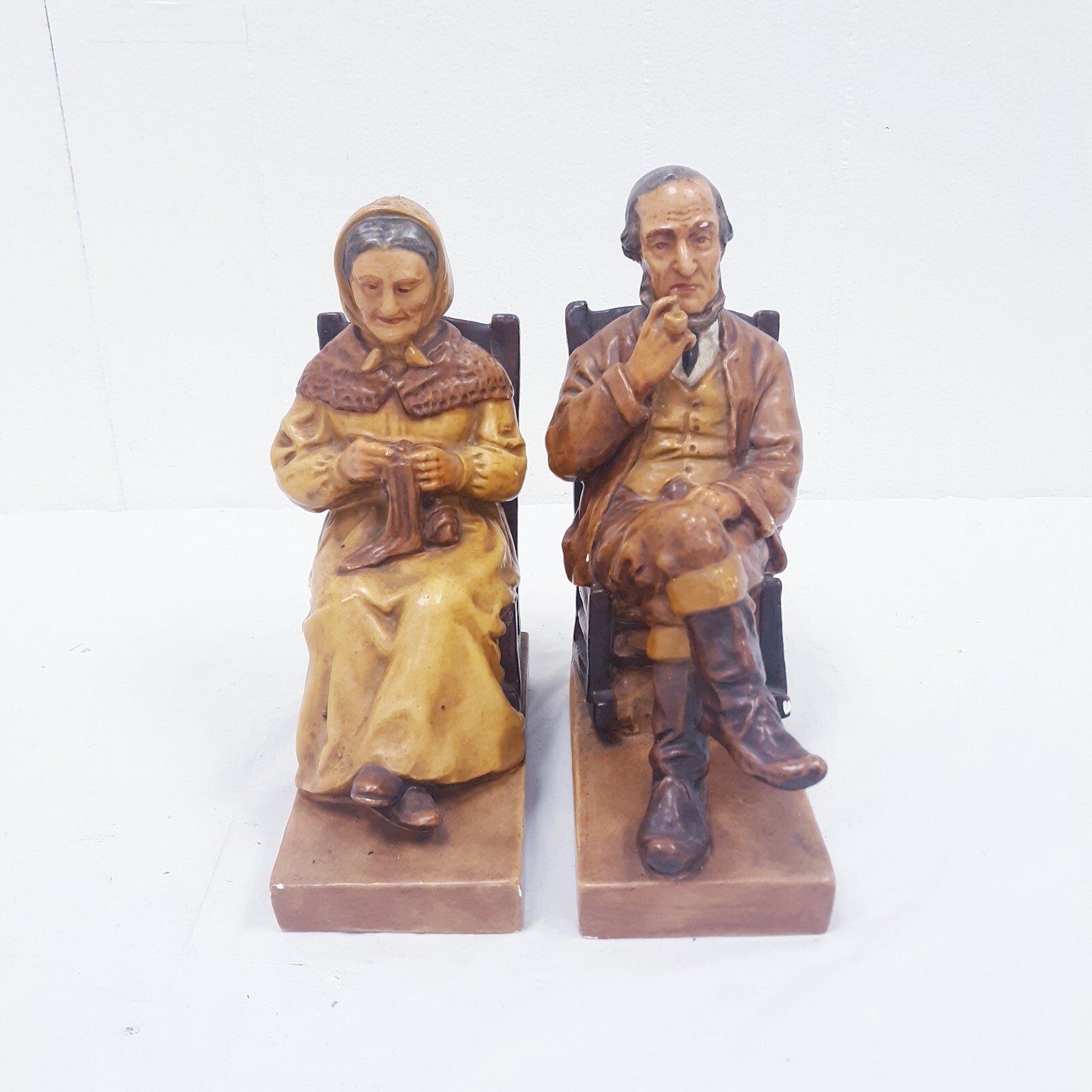 Old Lady & ManFigurines Signed Scumpture Chalkware VTG Sitting Sewing Smoking Old Lady & ManFigurines Signed Scumpture Chalkware VTG Sitting Sewing Smoking