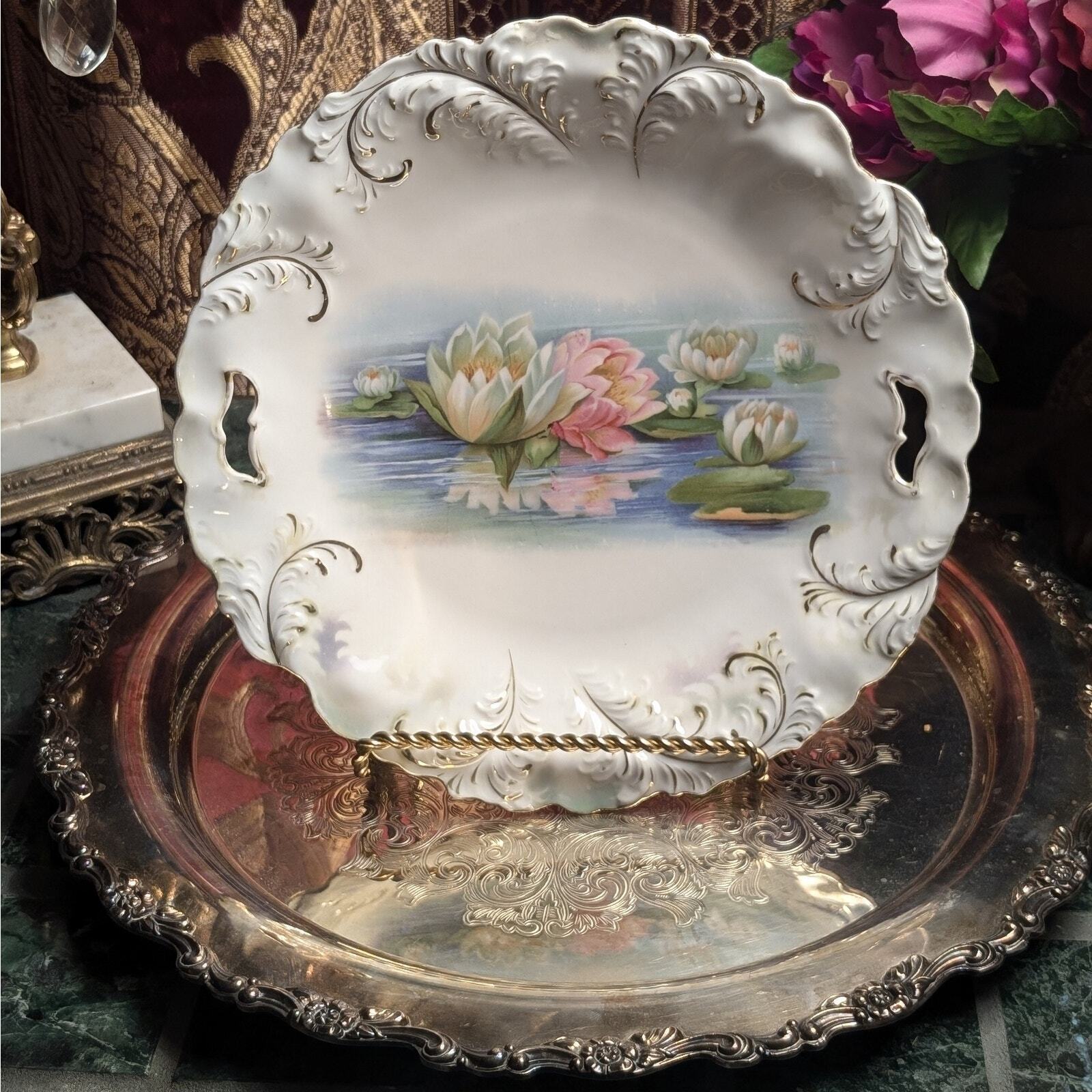 Antique R.S. Prussia Plumes Mold Water Lily Reflection Handled Plate C.1904-1910