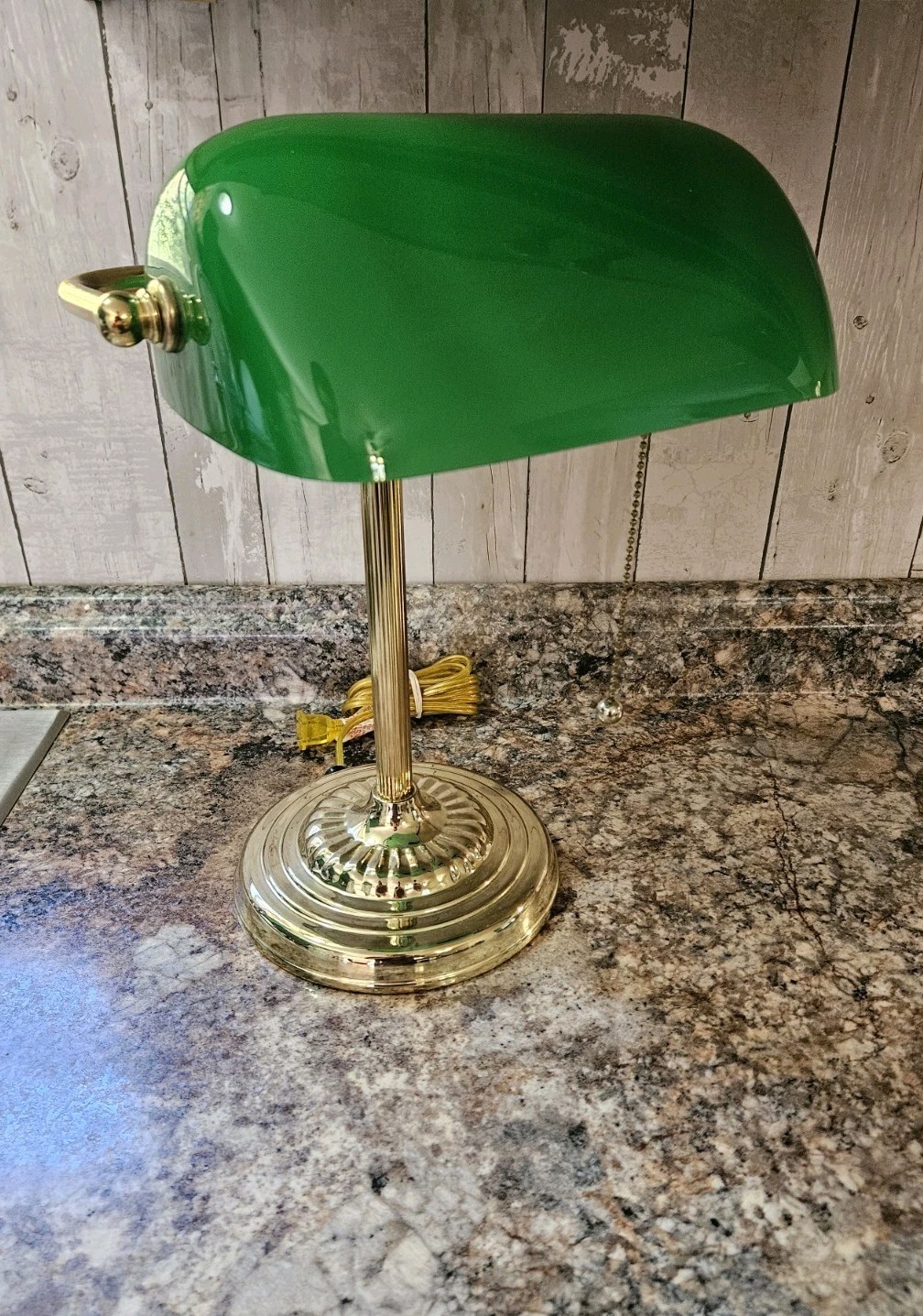 Vintage Bankers Office Desk Lamp Classic Green Glass Shade Brass Base Mid Centur