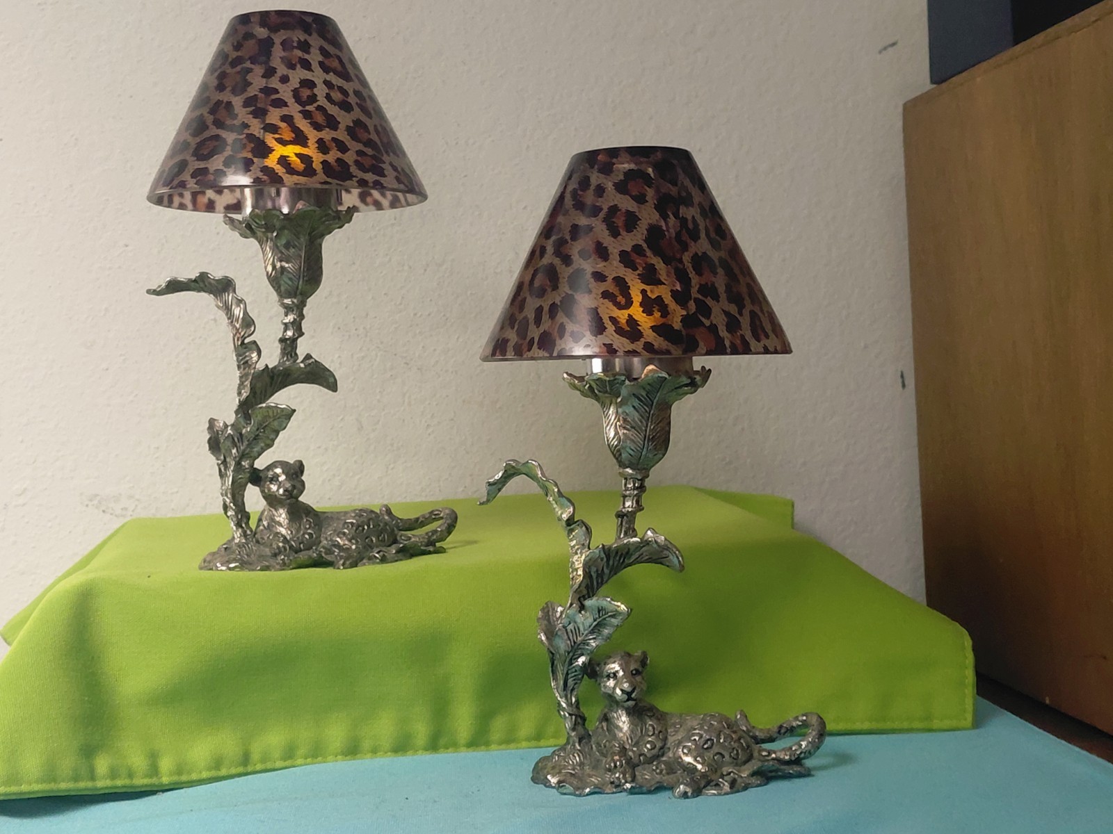 Arthur Court Safari Cheetah Leopard Votive Candleholder Pair (2) Glass Shade 