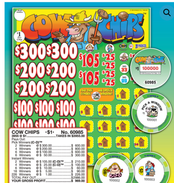 Pull Tab Tickets - Chips - Game - Pick Board - Cow chips - 3,955 ct