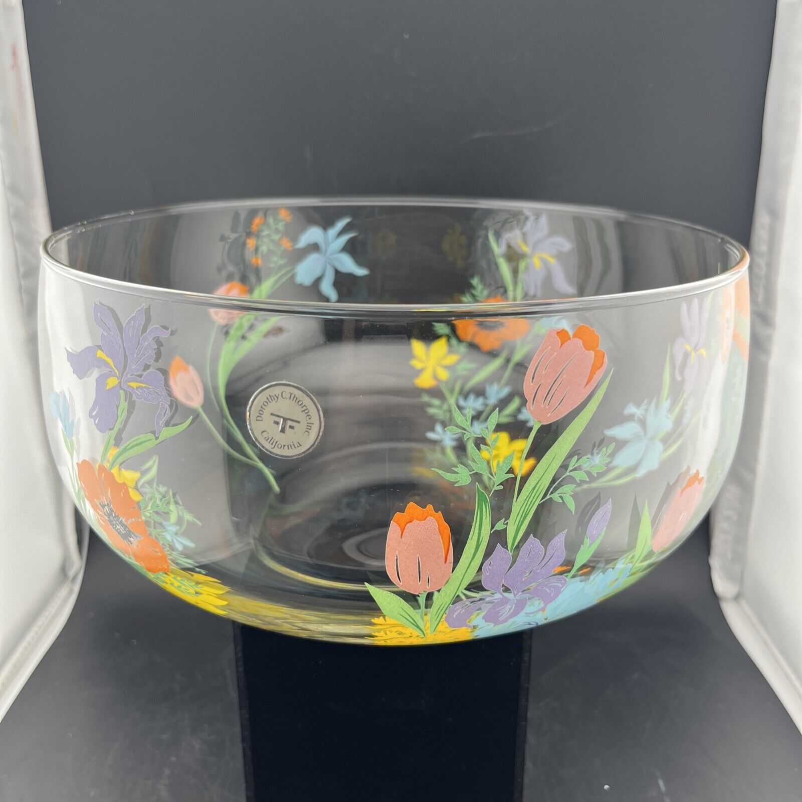 Dorothy Thorpe Large Bowl Spring Flowers Clear Glass MCM Vtg W/ Original Sticker