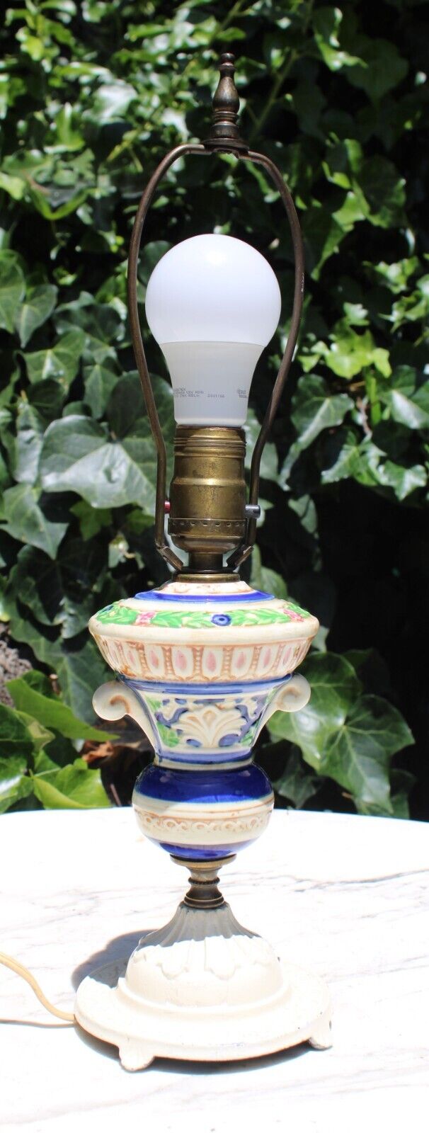 Vintage Petite Porcelain Majolica Table Lamp with Iron Base