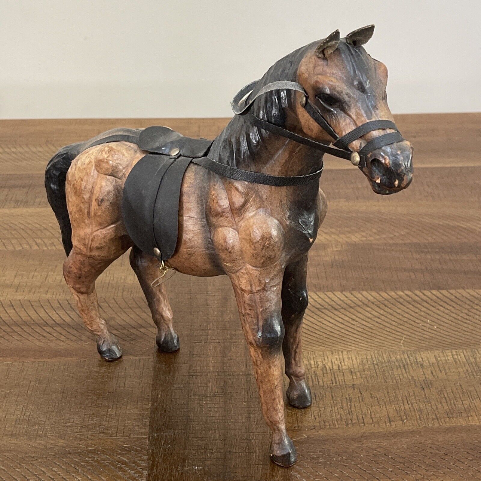 Vintage Leather Clad Horse Figurine 12” Tall Buckskin