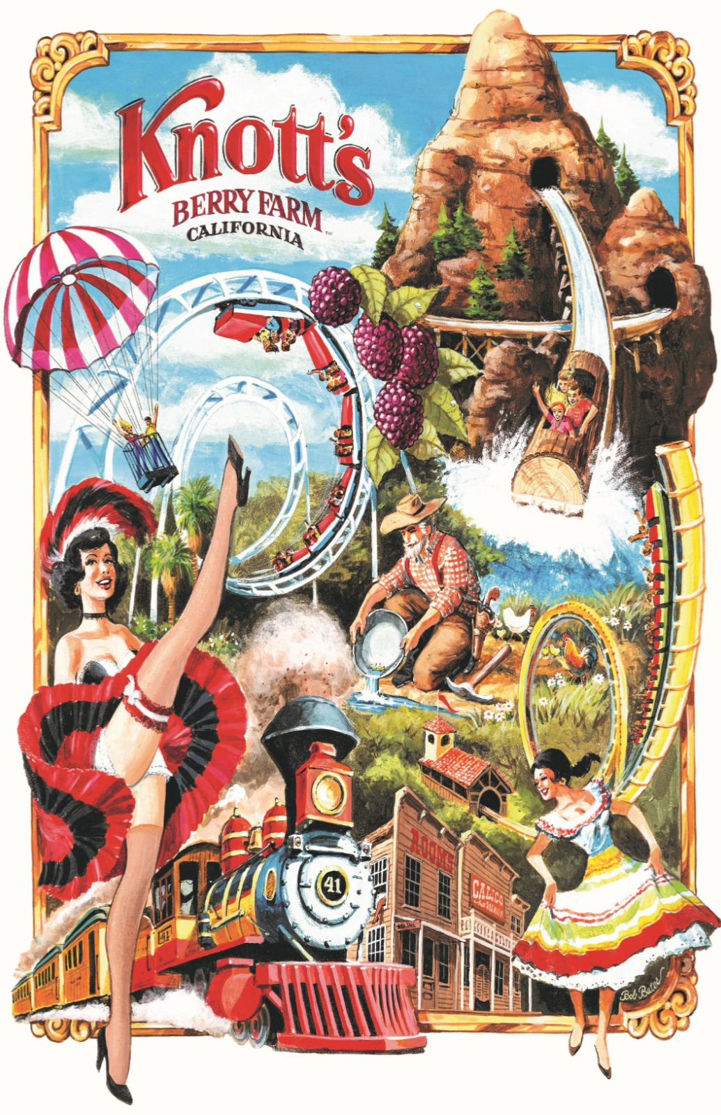 Knott\'s Berry Farm 70s Retro Advertisement Poster Print 11x17 Log Ride Corkscrew