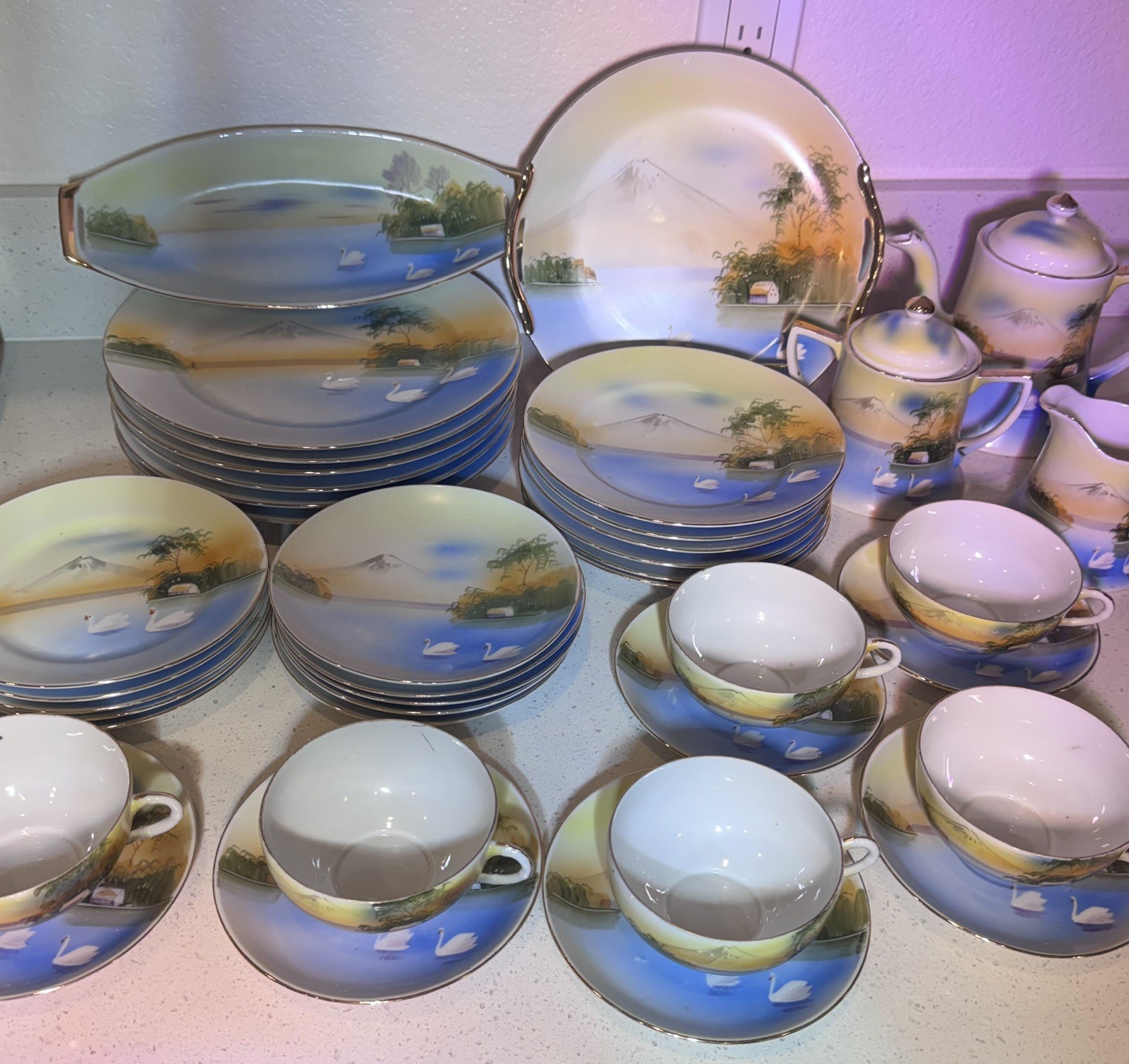 Vintage Seyei Japan Hand Painted Tea Dinner Set Mt Fuji Scenic 39 pcs