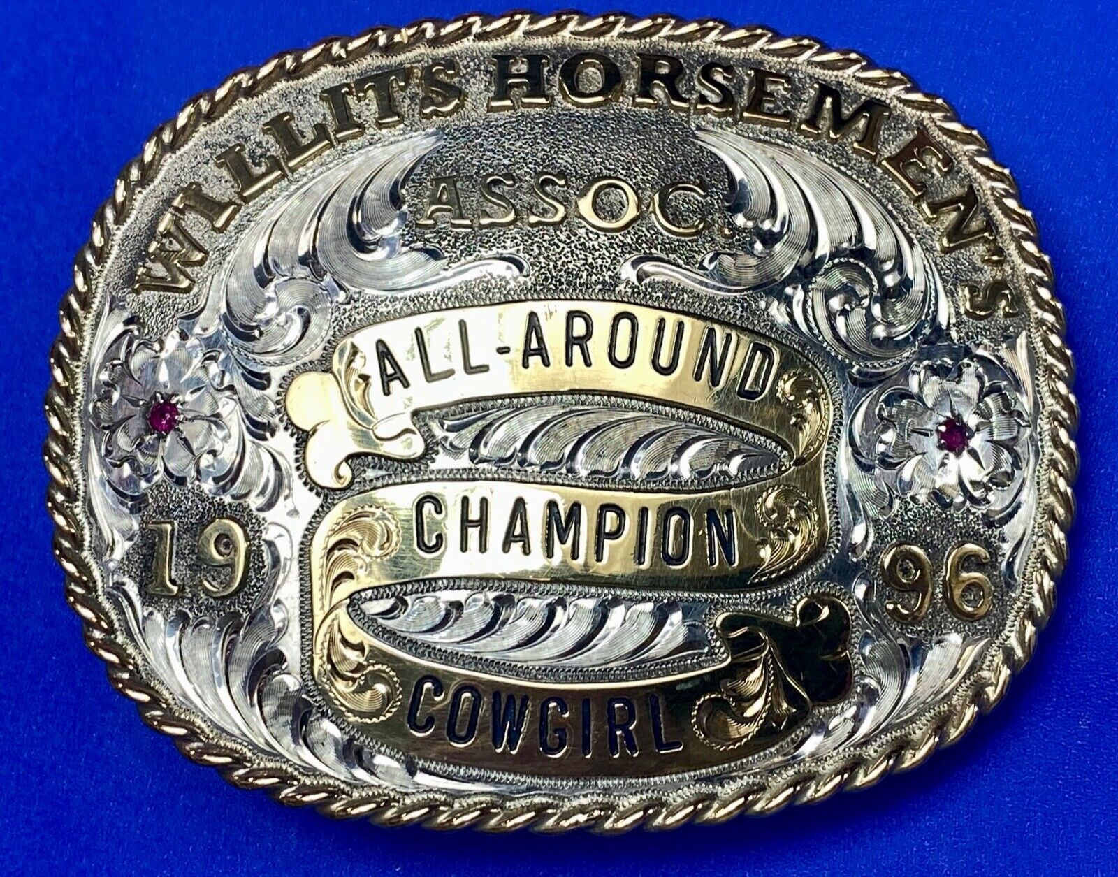 All Around Champion Cowgirl Willits Horsemen's Assoc 96 Trophy belt buckle by Gj