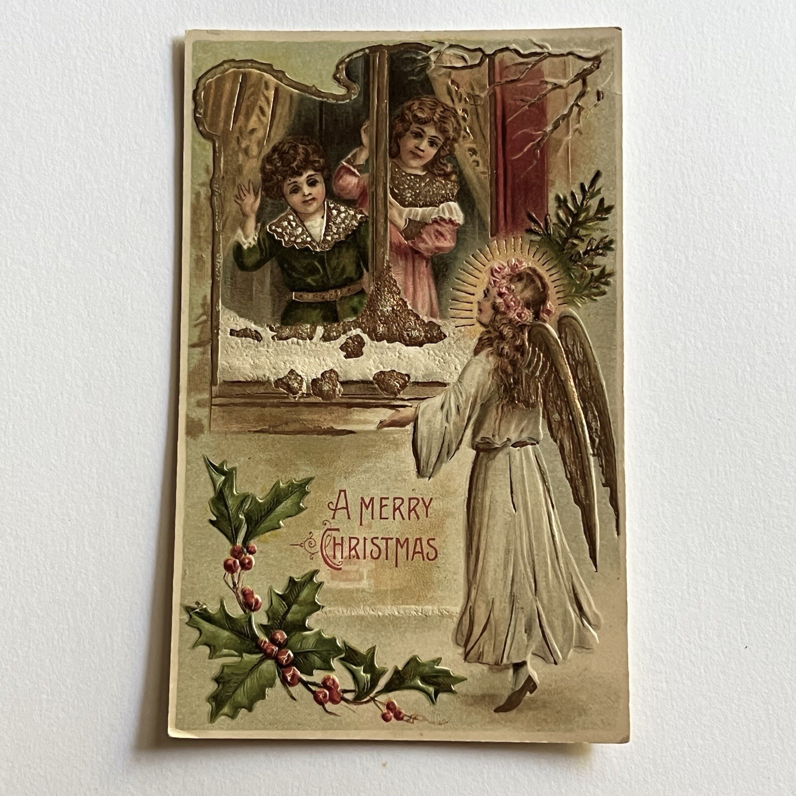 Antique Beautiful Christmas Postcard Foil Angel Cherub Children’s Window