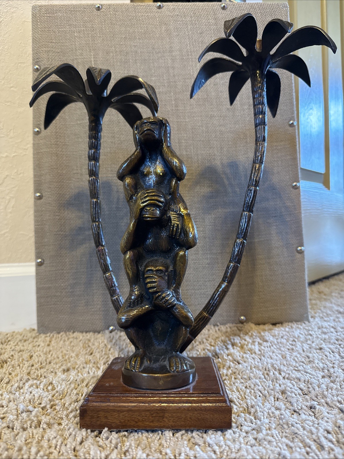 3 Wise Monkeys Brass/Bronze Taper Candle Holder On Wood Base