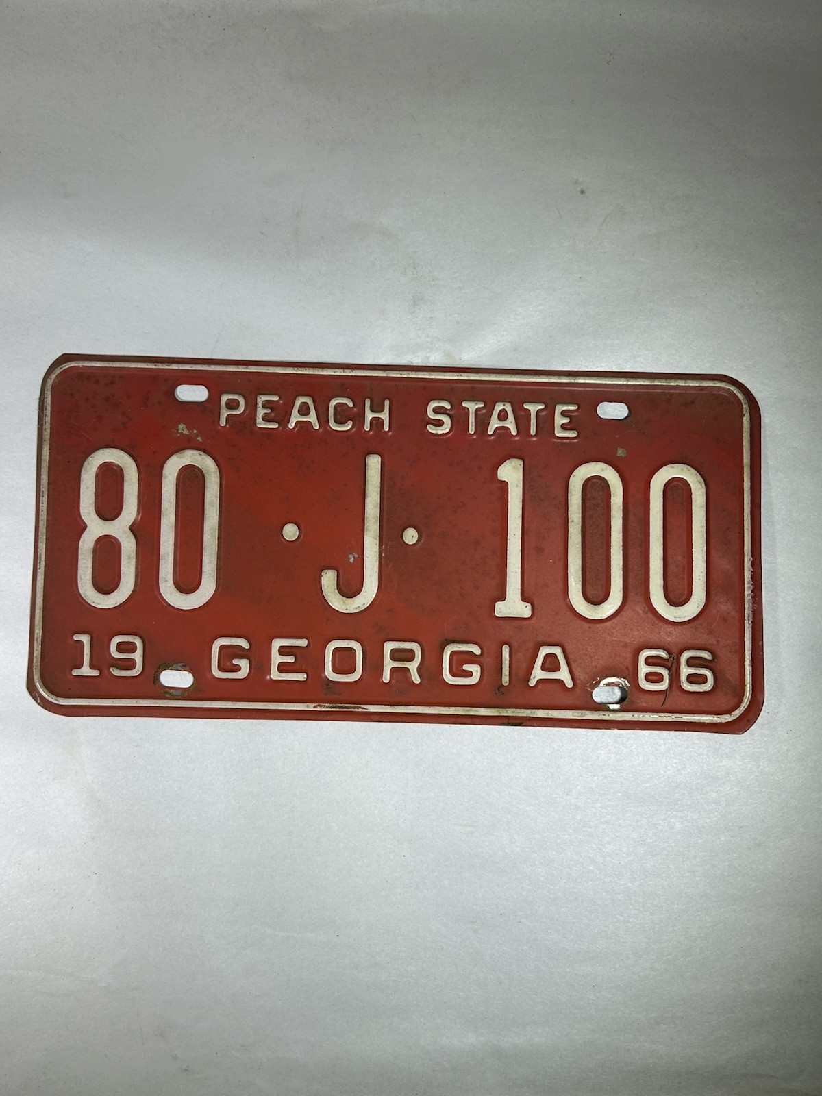 Vintage 1966 Georgia Peach State License Plate Tag Red 80 J 100 Number