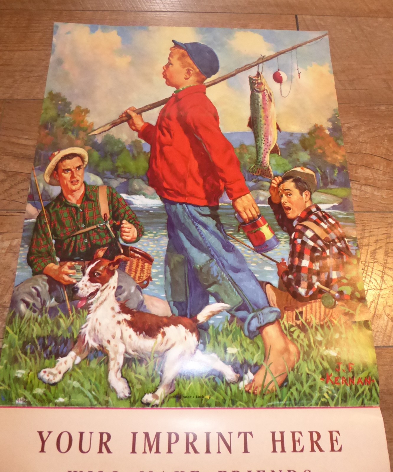 1956 VINTAGE SALESMAN SAMPLE CALENDAR FISHING TROUT DOG J.F. KERNAN STUNNING BIG