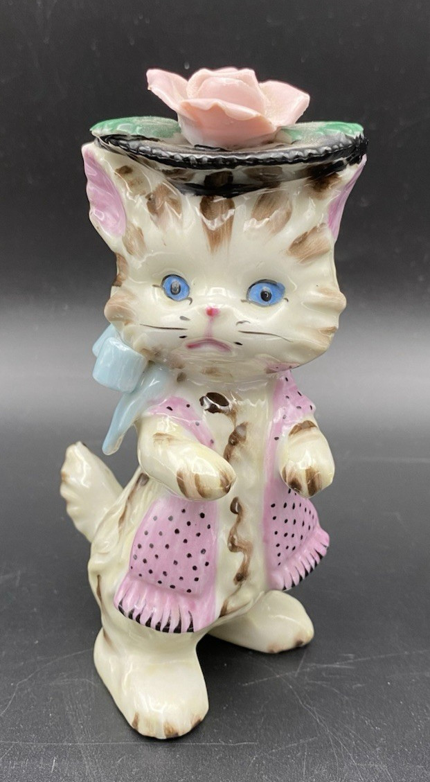 Lefton Leftoris Kitten Cat Rose Hat Anthropomorphic Figurine Mildred Japan 5\