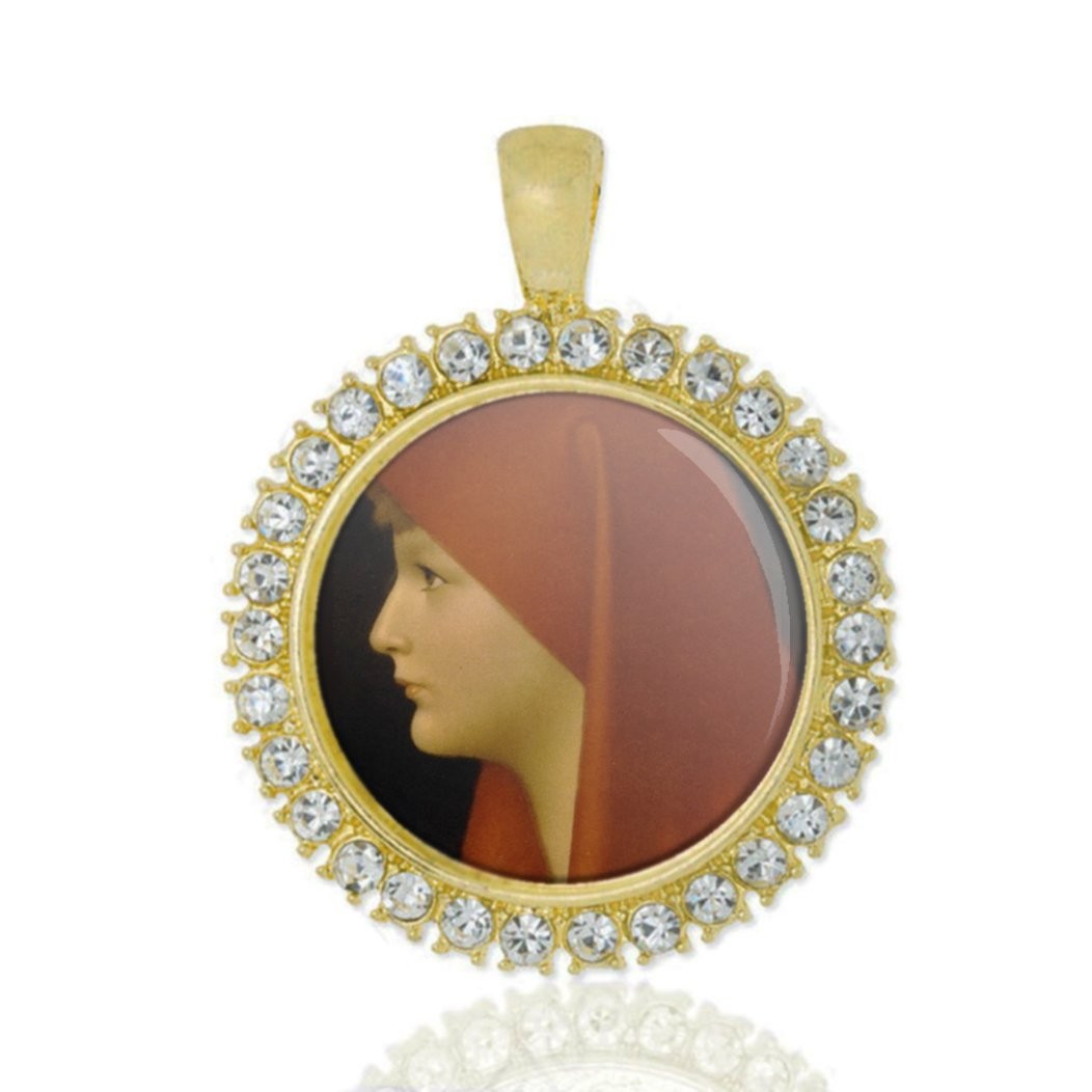 St Fabiola Christian Round Medal Gold Tone Pendant with Rhinestones