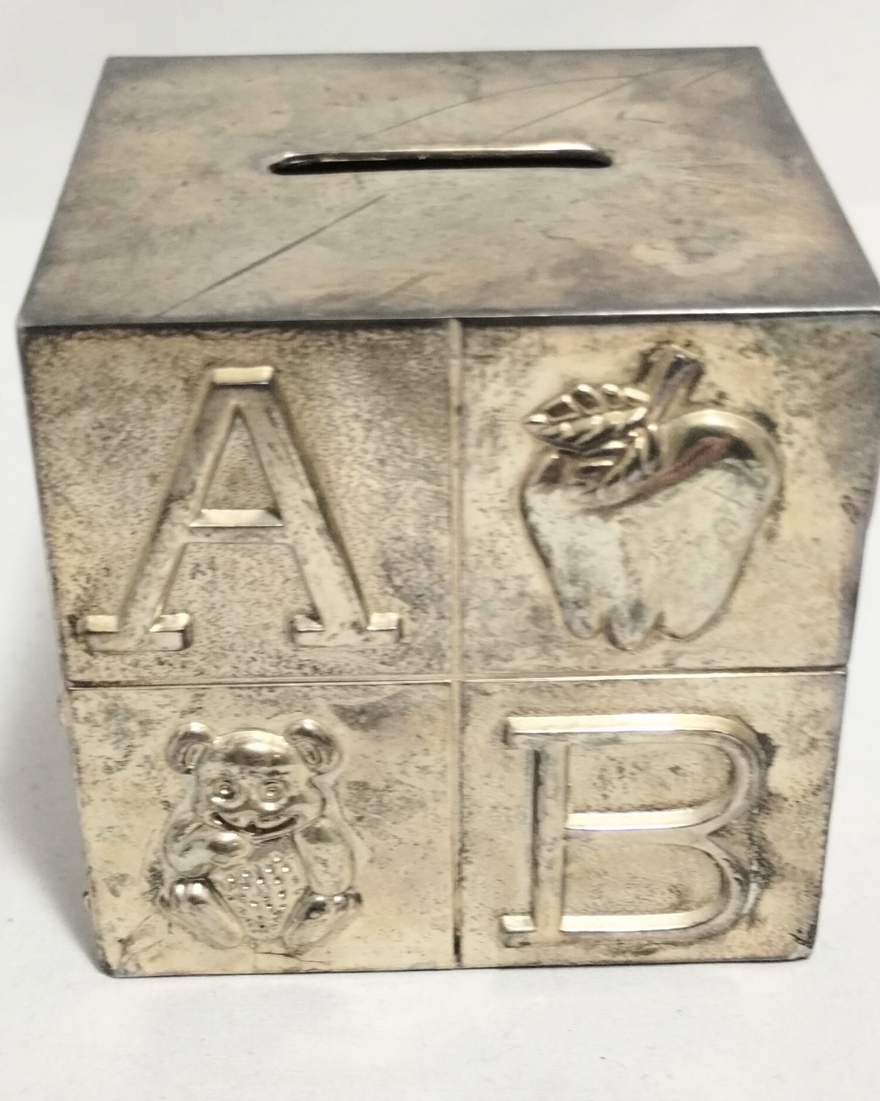 Vintage Baby\'s Silver Plated ABC Block Bank, Childs Cube Block  Bank