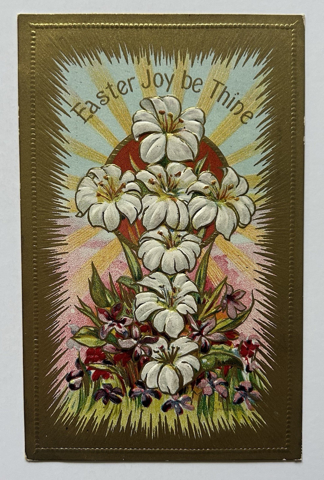 Easter Joy Be Thine White Lilies Gold Border Embossed Easter Postcard F9