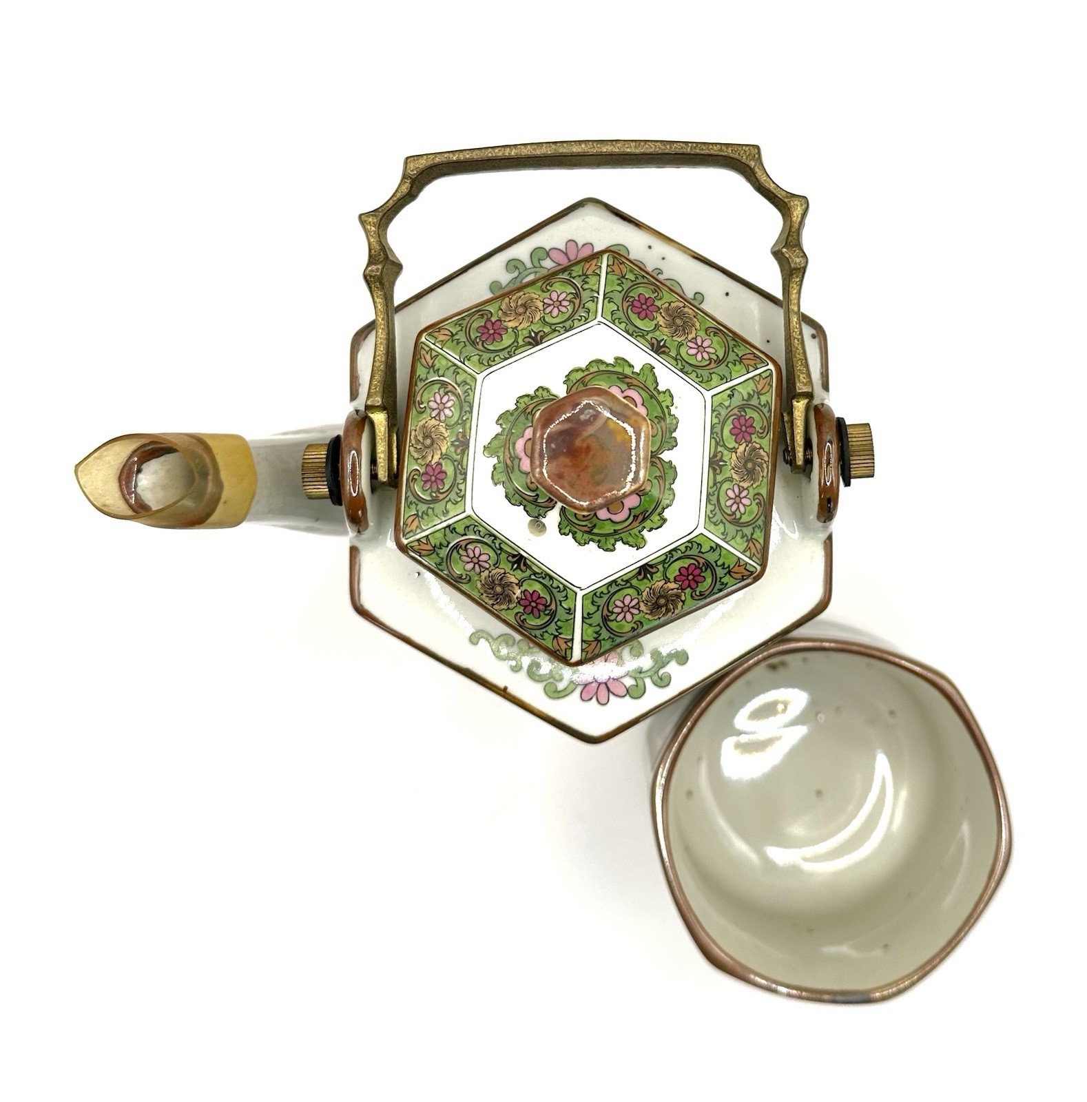 Vintage Porcelain Noritake Imperial Garden,Hexagonal Teapot & Cup, Metal Handle