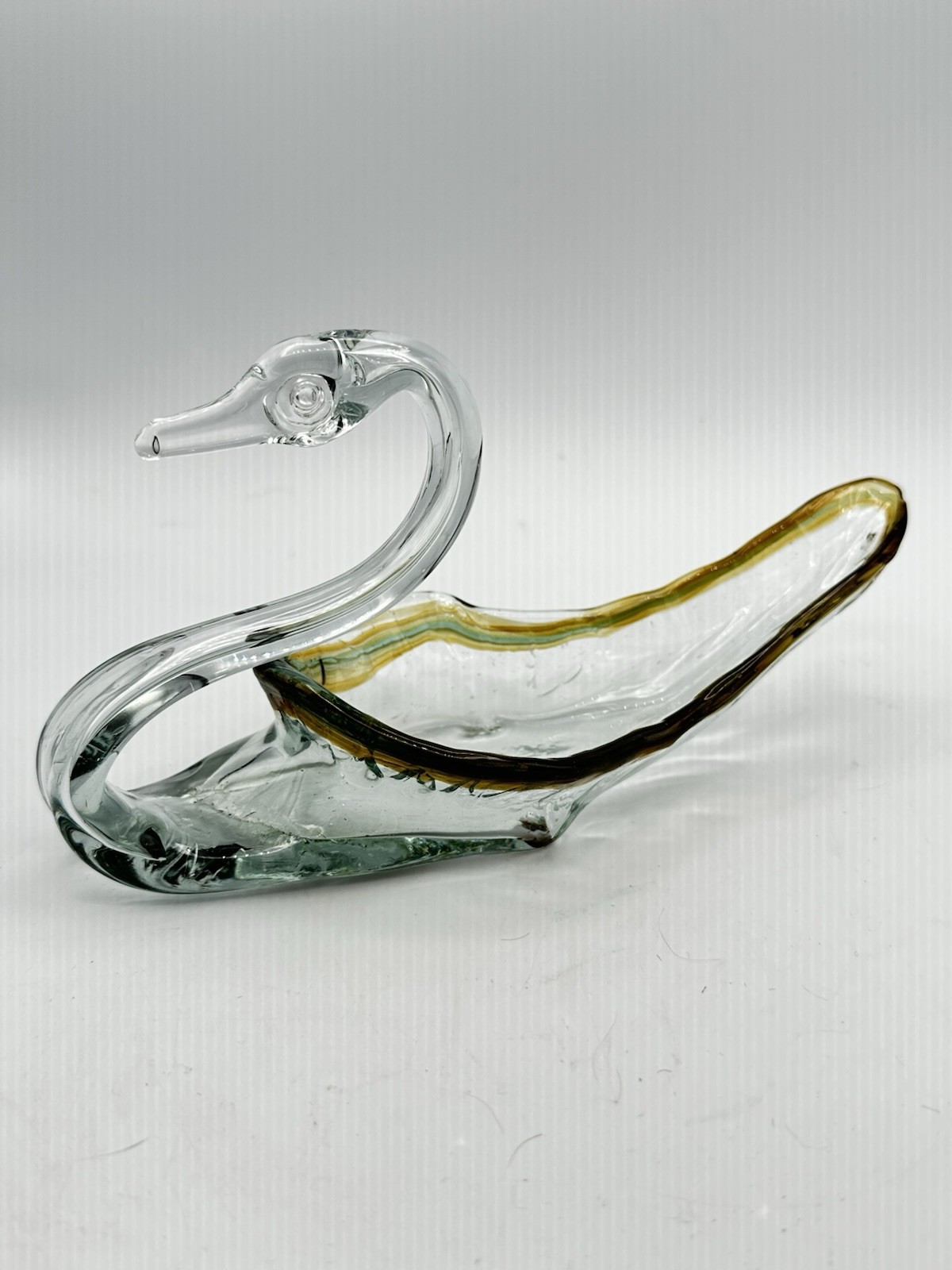 Vintage Hand Blown Art Glass Swan Dish Bowl Murano Style Clear Amber Rim